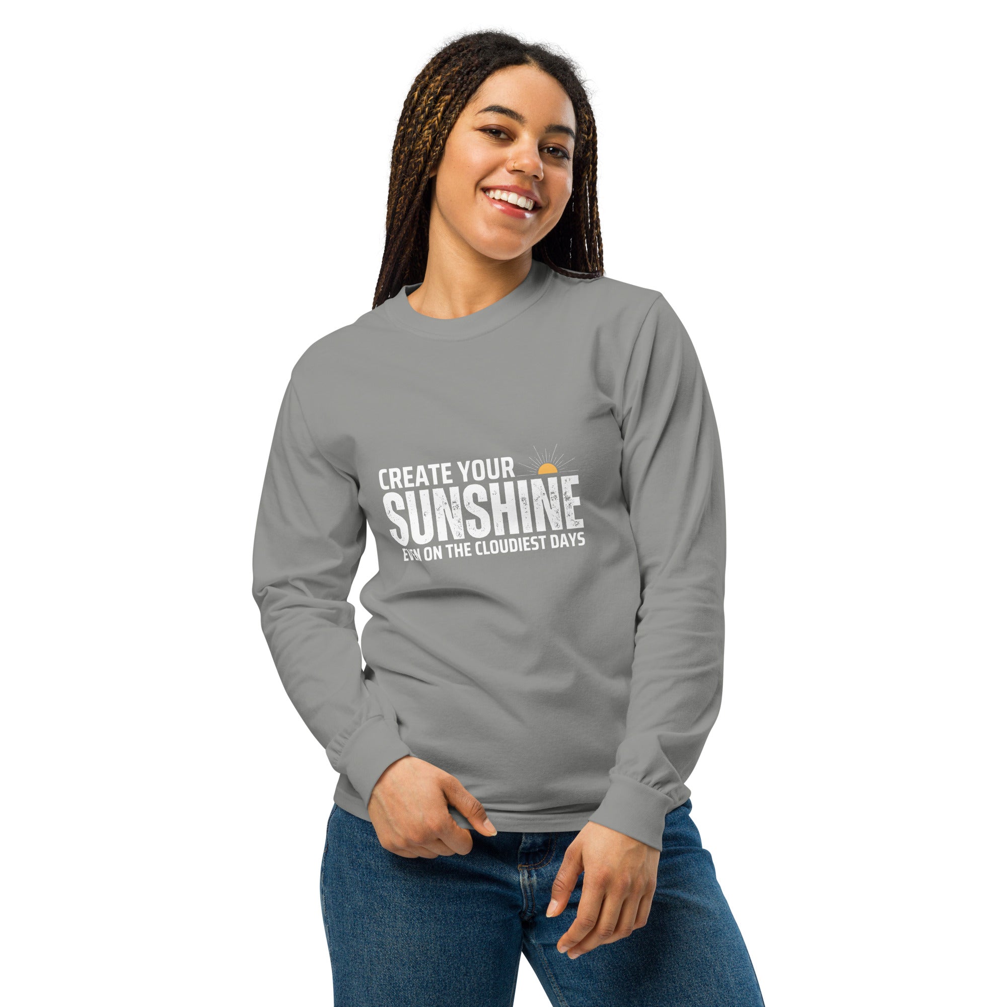 Unisex Garment-dyed heavyweight long-sleeve shirt | Create Your Sunshine long-sleeve shirt AwRans Clothing unisex-garment-dyed-heavyweight-long-sleeve-shirt-grey-front-67eab77390718