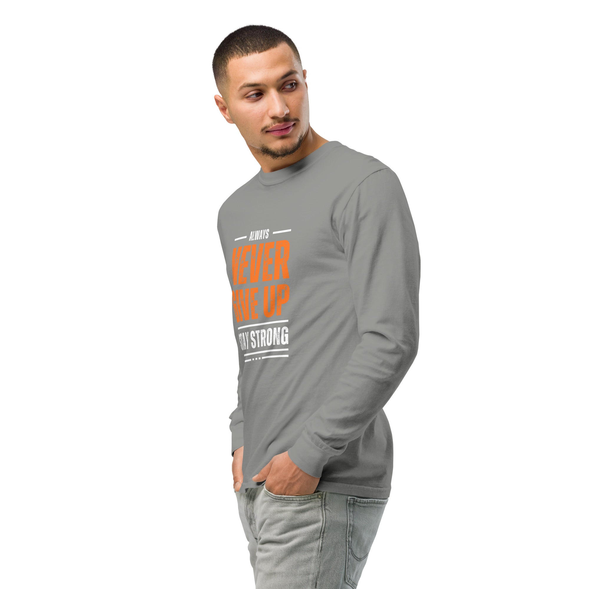 Unisex Garment-dyed heavyweight long-sleeve shirt | Always Never Give Up Stay Strong long-sleeve shirt AwRans Clothing unisex-garment-dyed-heavyweight-long-sleeve-shirt-grey-left-front-2-67eab0a3dcffa
