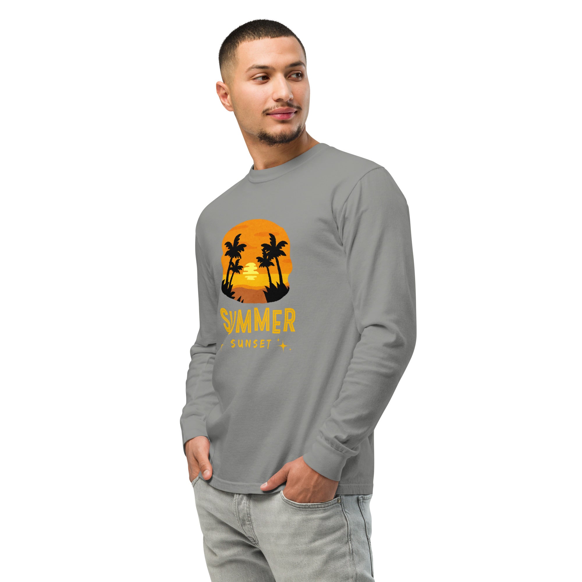 Unisex Garment-dyed heavyweight long-sleeve shirt | Summer Sunset long-sleeve shirt AwRans Clothing unisex-garment-dyed-heavyweight-long-sleeve-shirt-grey-left-front-67eaae92499ef