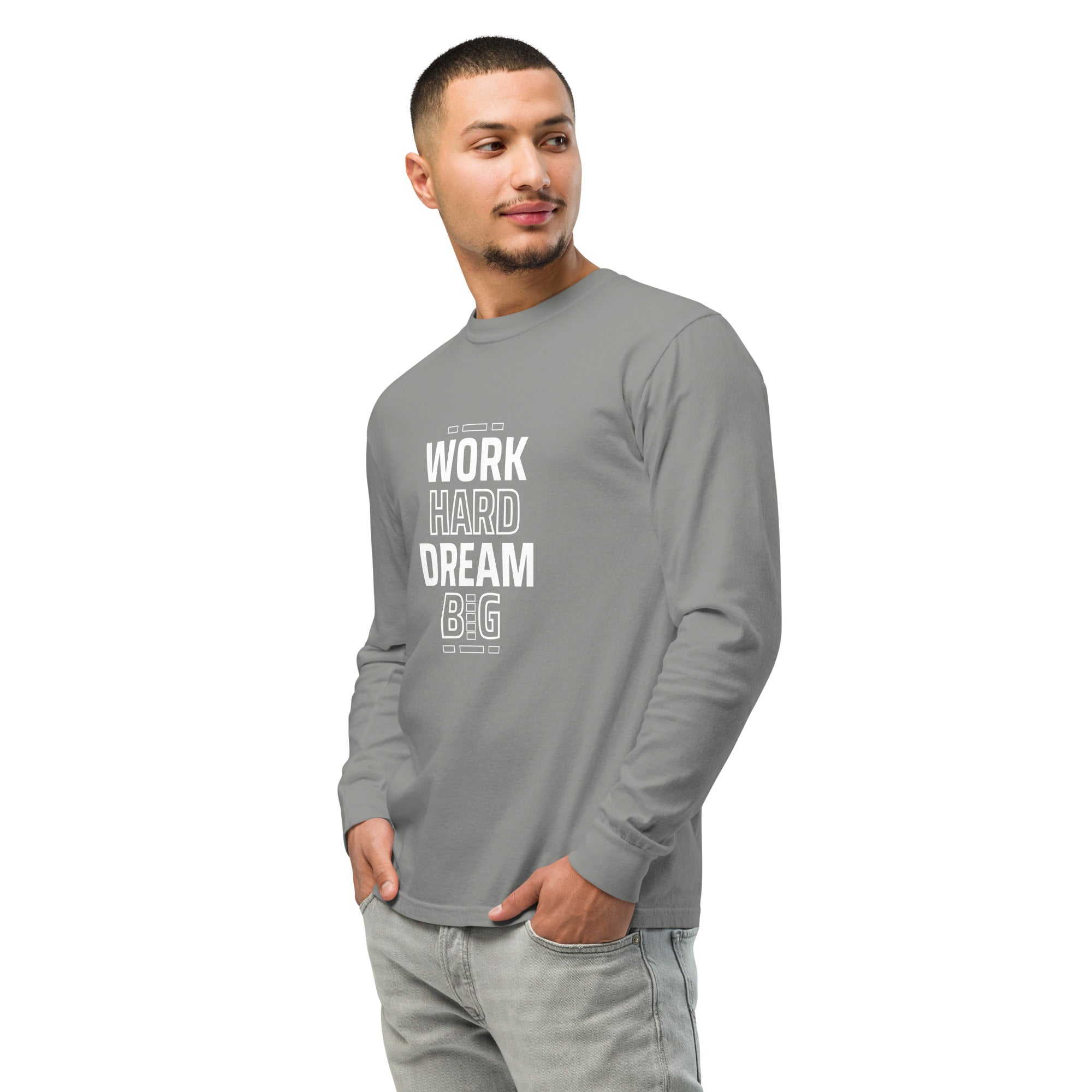 Unisex Garment-dyed heavyweight long-sleeve shirt | Work Hard , Dream Big long-sleeve shirt AwRans Clothing unisex-garment-dyed-heavyweight-long-sleeve-shirt-grey-left-front-67eab157cb058