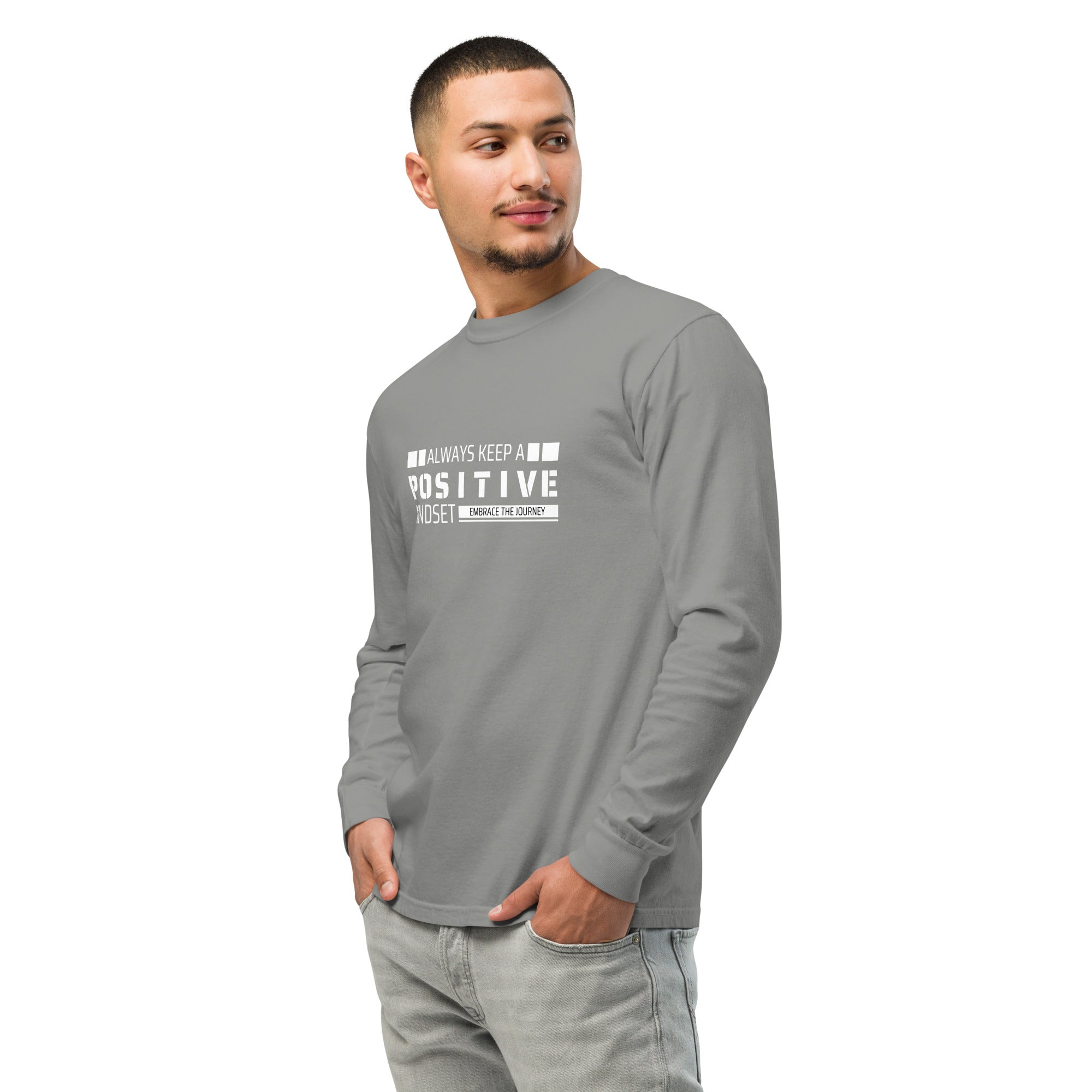 Unisex Garment-dyed heavyweight long-sleeve shirt | Always Keep A Positive Mindset long-sleeve shirt AwRans Clothing unisex-garment-dyed-heavyweight-long-sleeve-shirt-grey-left-front-67eab2c32b1cb