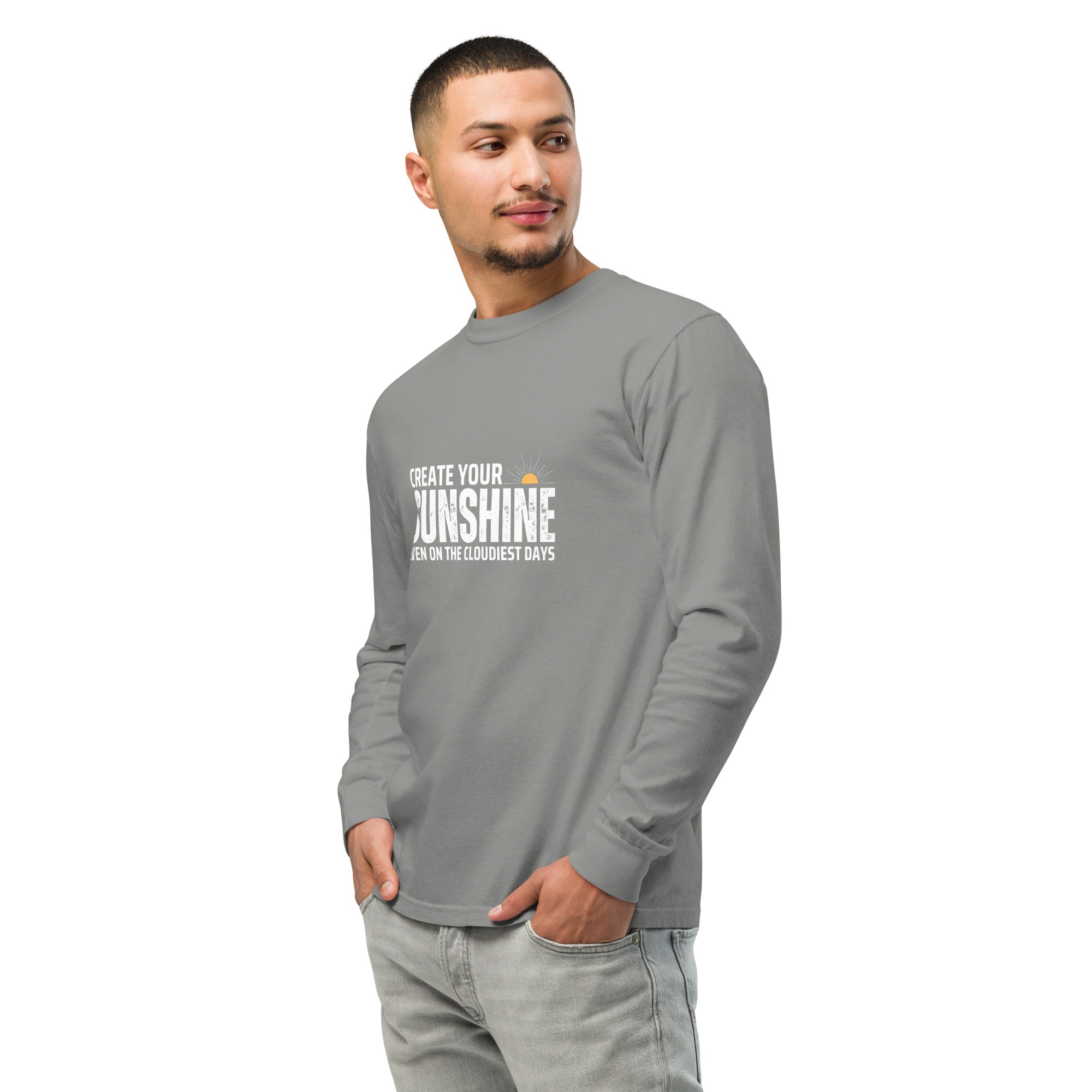 Unisex Garment-dyed heavyweight long-sleeve shirt | Create Your Sunshine long-sleeve shirt AwRans Clothing unisex-garment-dyed-heavyweight-long-sleeve-shirt-grey-left-front-67eab7738daed