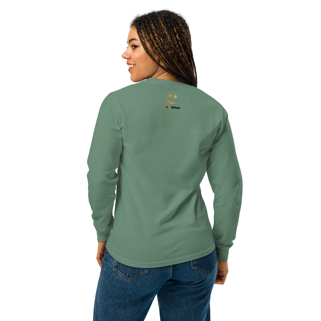 Unisex Garment-dyed heavyweight long-sleeve shirt | Create Your Sunshine long-sleeve shirt AwRans Clothing unisex-garment-dyed-heavyweight-long-sleeve-shirt-light-green-back-67eab77372844