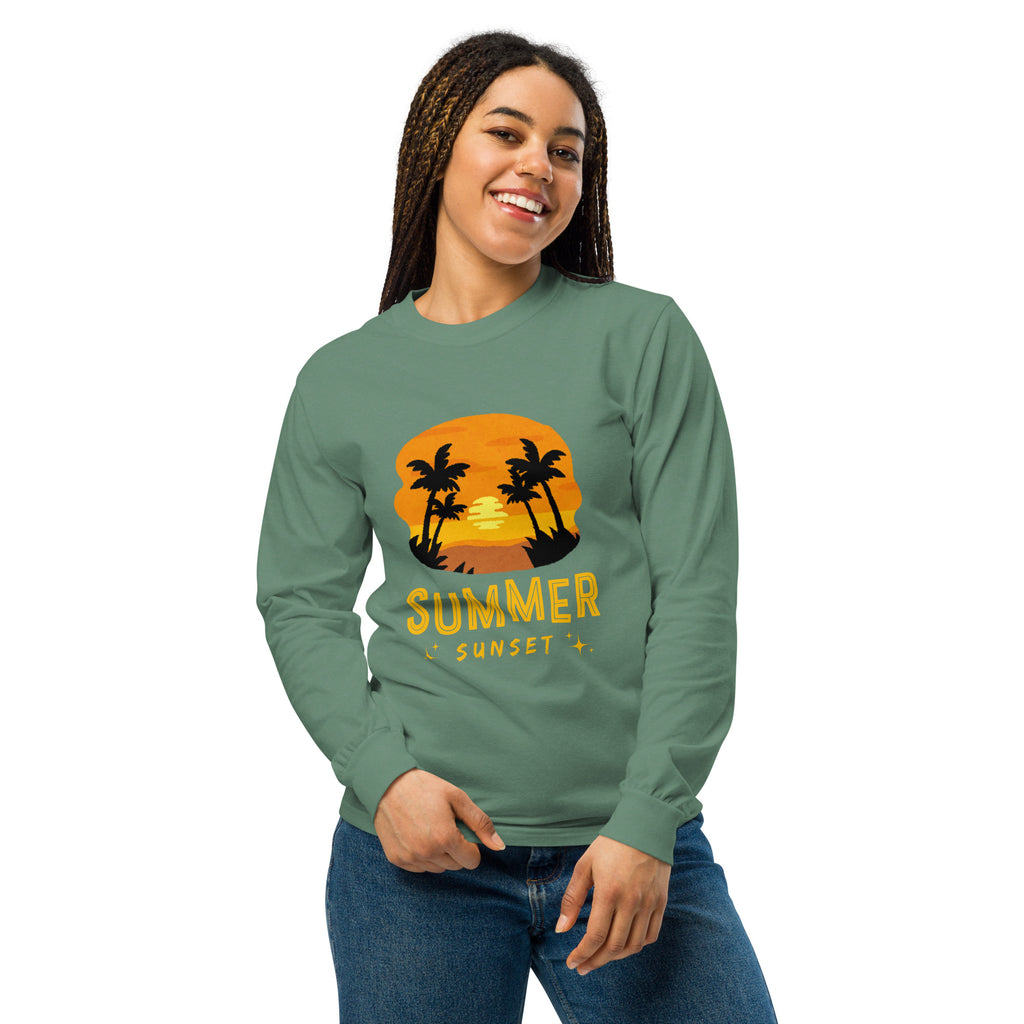 Unisex Garment-dyed heavyweight long-sleeve shirt | Summer Sunset long-sleeve shirt AwRans Clothing unisex-garment-dyed-heavyweight-long-sleeve-shirt-light-green-front-67eaae923a222
