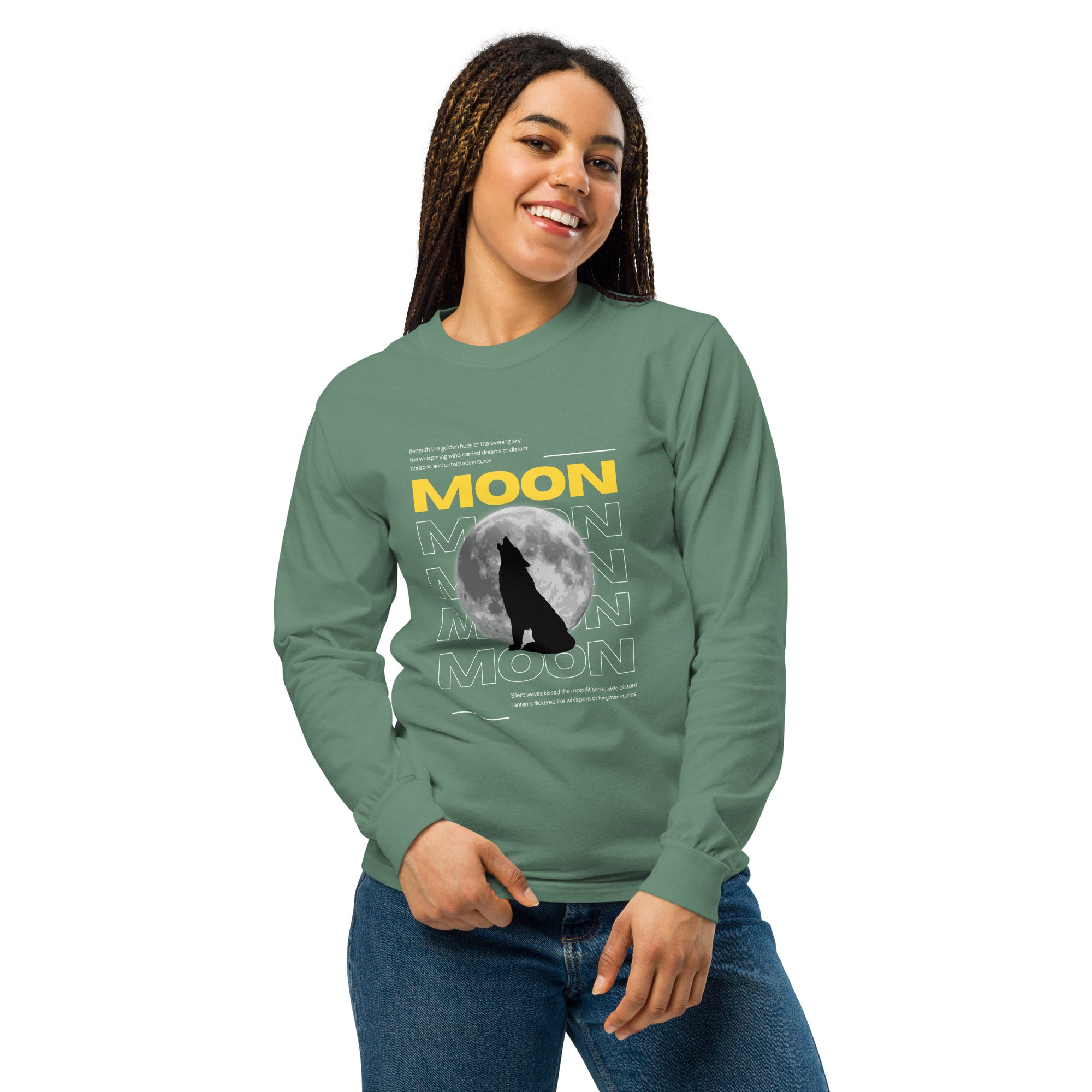 Unisex Garment-dyed heavyweight long-sleeve shirt | Moon long-sleeve shirt AwRans Clothing unisex-garment-dyed-heavyweight-long-sleeve-shirt-light-green-front-67eaaf41344e4