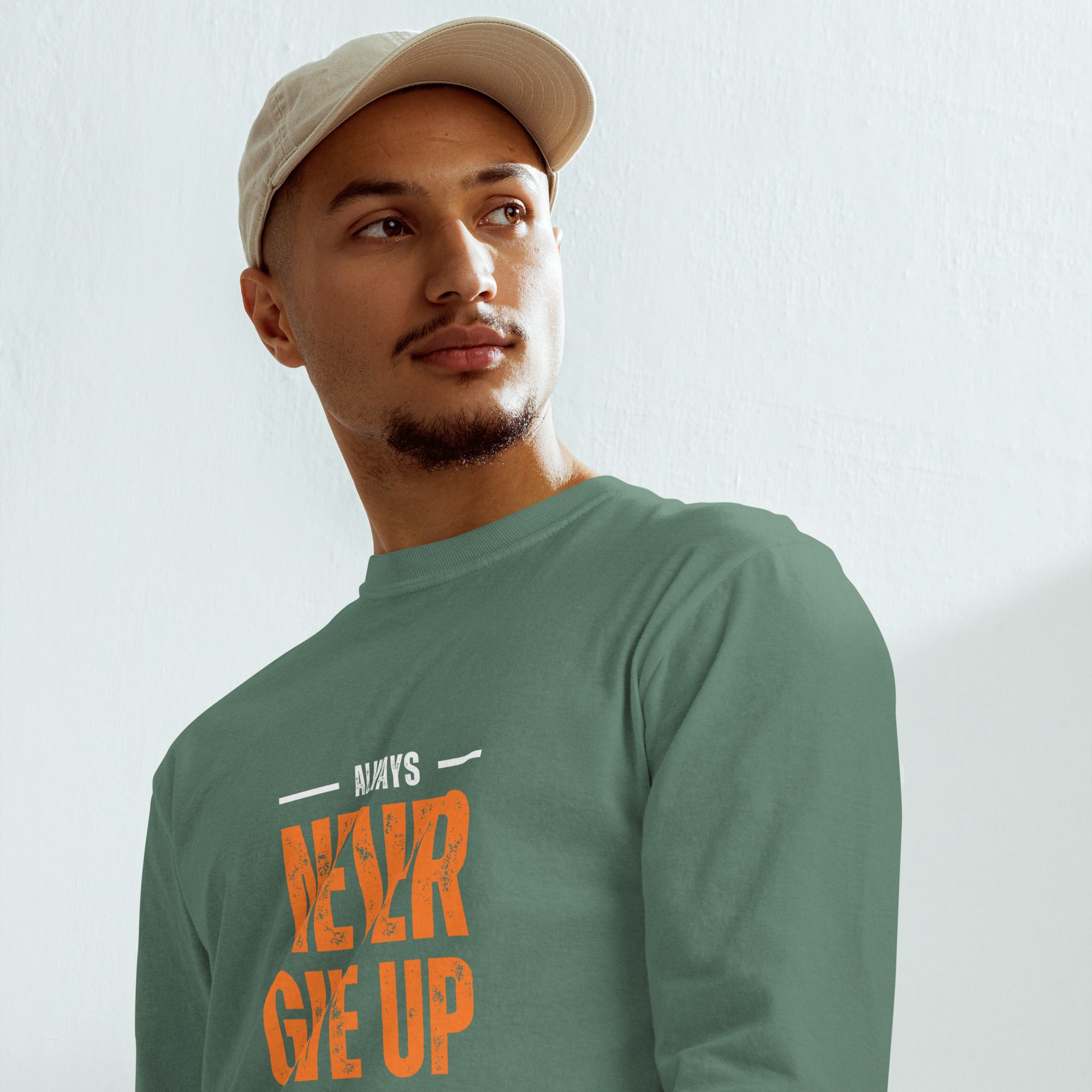 Unisex Garment-dyed heavyweight long-sleeve shirt | Always Never Give Up Stay Strong long-sleeve shirt AwRans Clothing unisex-garment-dyed-heavyweight-long-sleeve-shirt-light-green-front-67eab0a3d2fb7