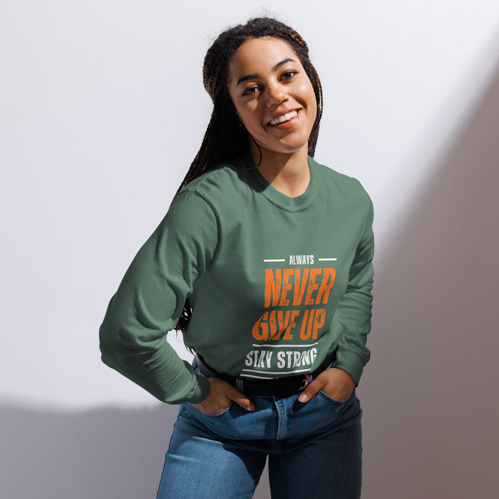 Unisex Garment-dyed heavyweight long-sleeve shirt | Always Never Give Up Stay Strong long-sleeve shirt AwRans Clothing unisex-garment-dyed-heavyweight-long-sleeve-shirt-light-green-front-67eab0a3d4044