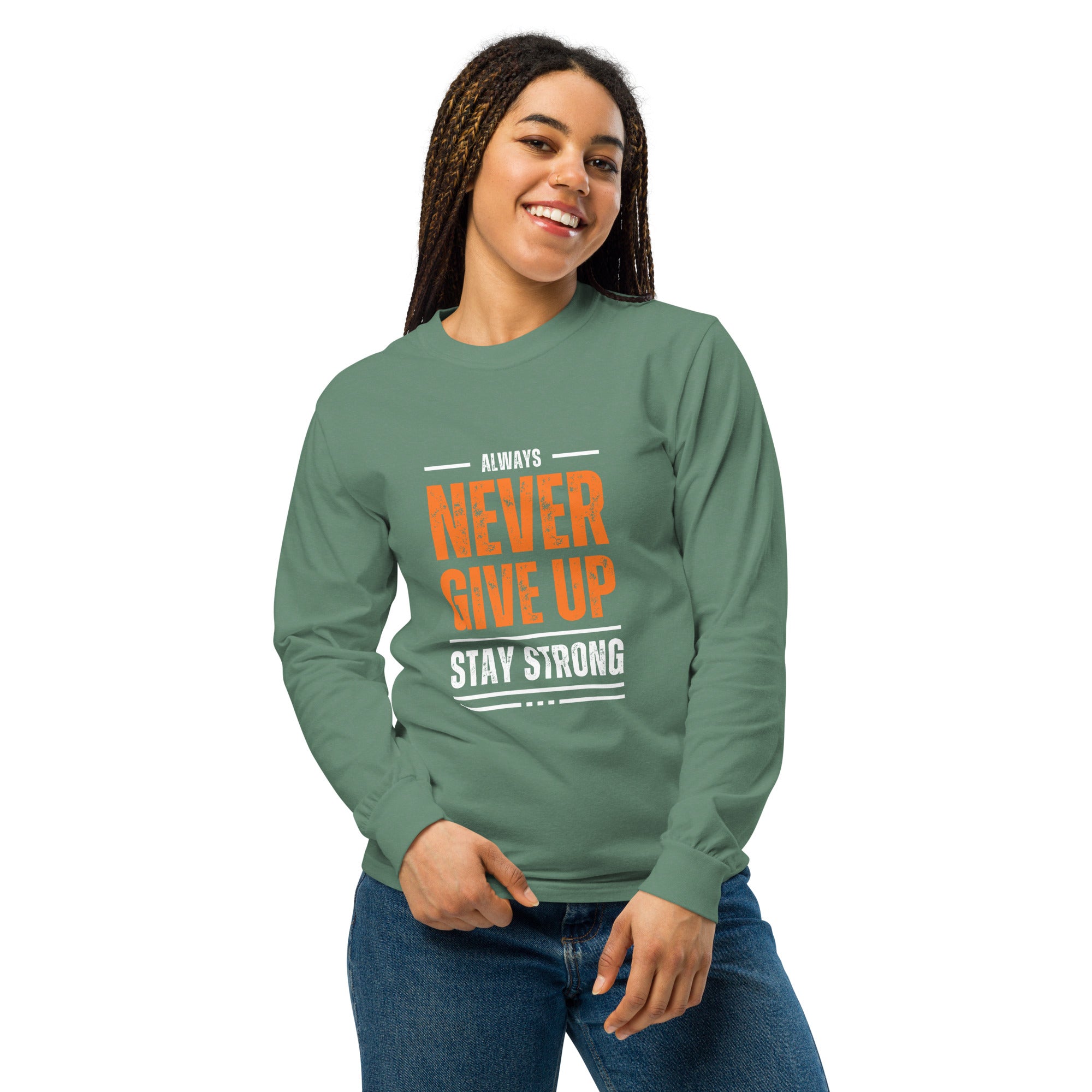 Unisex Garment-dyed heavyweight long-sleeve shirt | Always Never Give Up Stay Strong long-sleeve shirt AwRans Clothing unisex-garment-dyed-heavyweight-long-sleeve-shirt-light-green-front-67eab0a3da38a