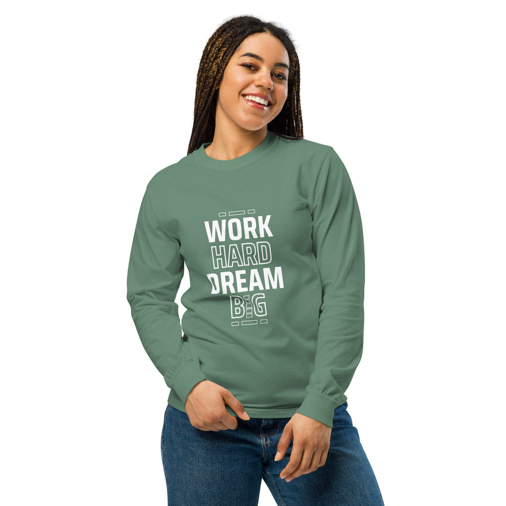Unisex Garment-dyed heavyweight long-sleeve shirt | Work Hard , Dream Big long-sleeve shirt AwRans Clothing unisex-garment-dyed-heavyweight-long-sleeve-shirt-light-green-front-67eab157bd3f6