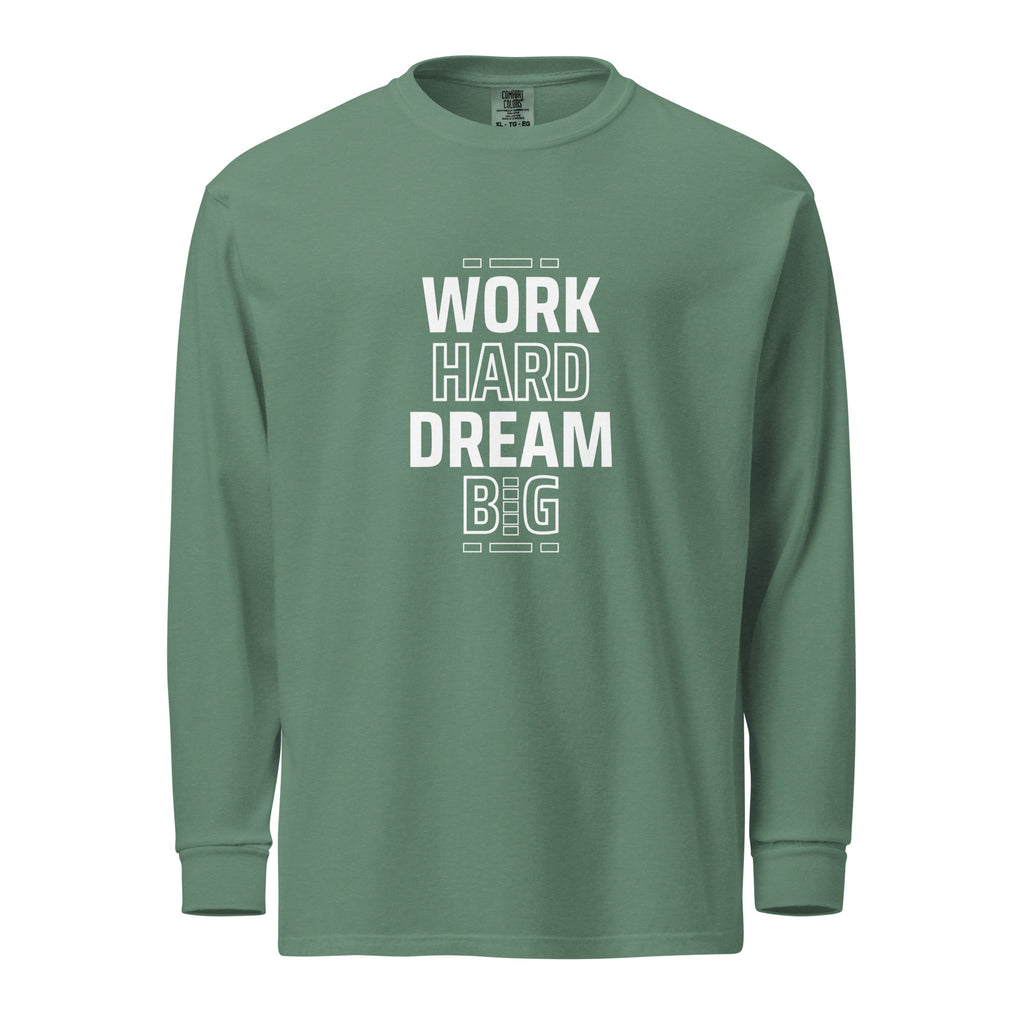 Unisex Garment-dyed heavyweight long-sleeve shirt | Work Hard , Dream Big long-sleeve shirt AwRans Clothing unisex-garment-dyed-heavyweight-long-sleeve-shirt-light-green-front-67eab157bf640