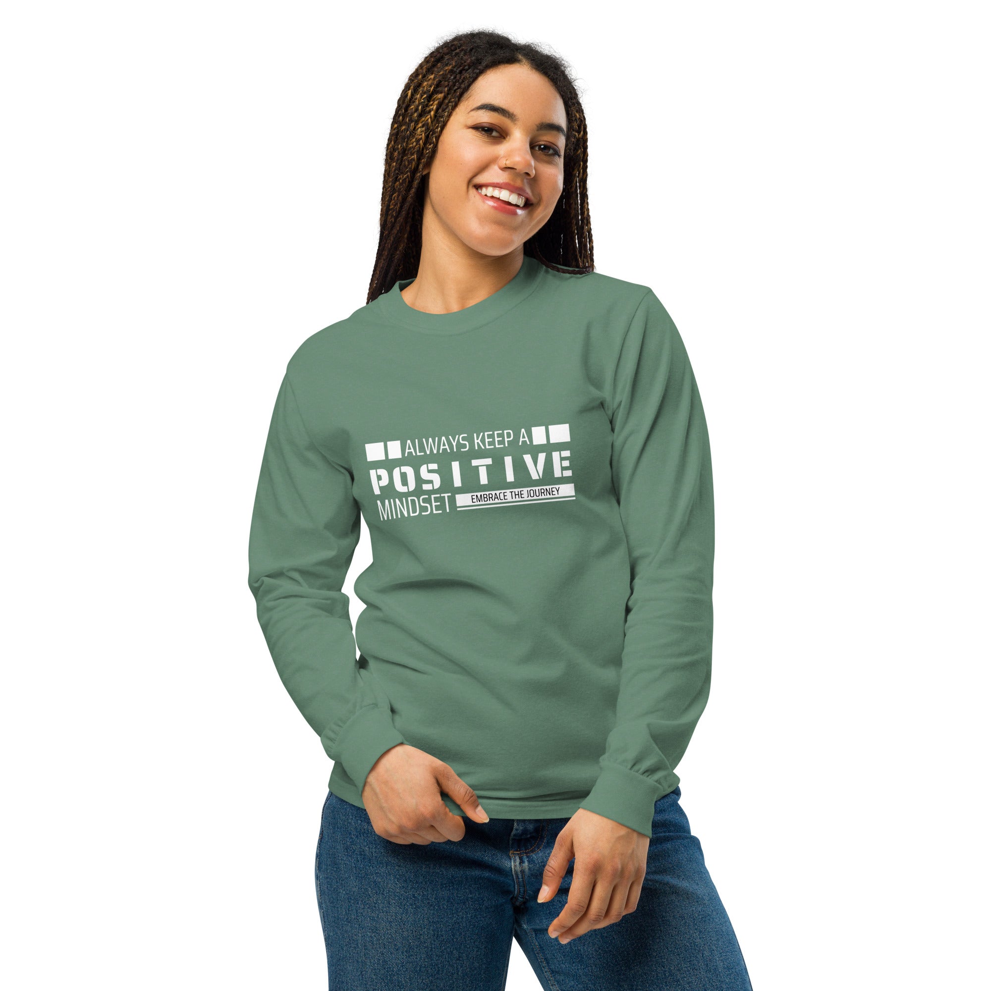 Unisex Garment-dyed heavyweight long-sleeve shirt | Always Keep A Positive Mindset long-sleeve shirt AwRans Clothing unisex-garment-dyed-heavyweight-long-sleeve-shirt-light-green-front-67eab2c31cb9e