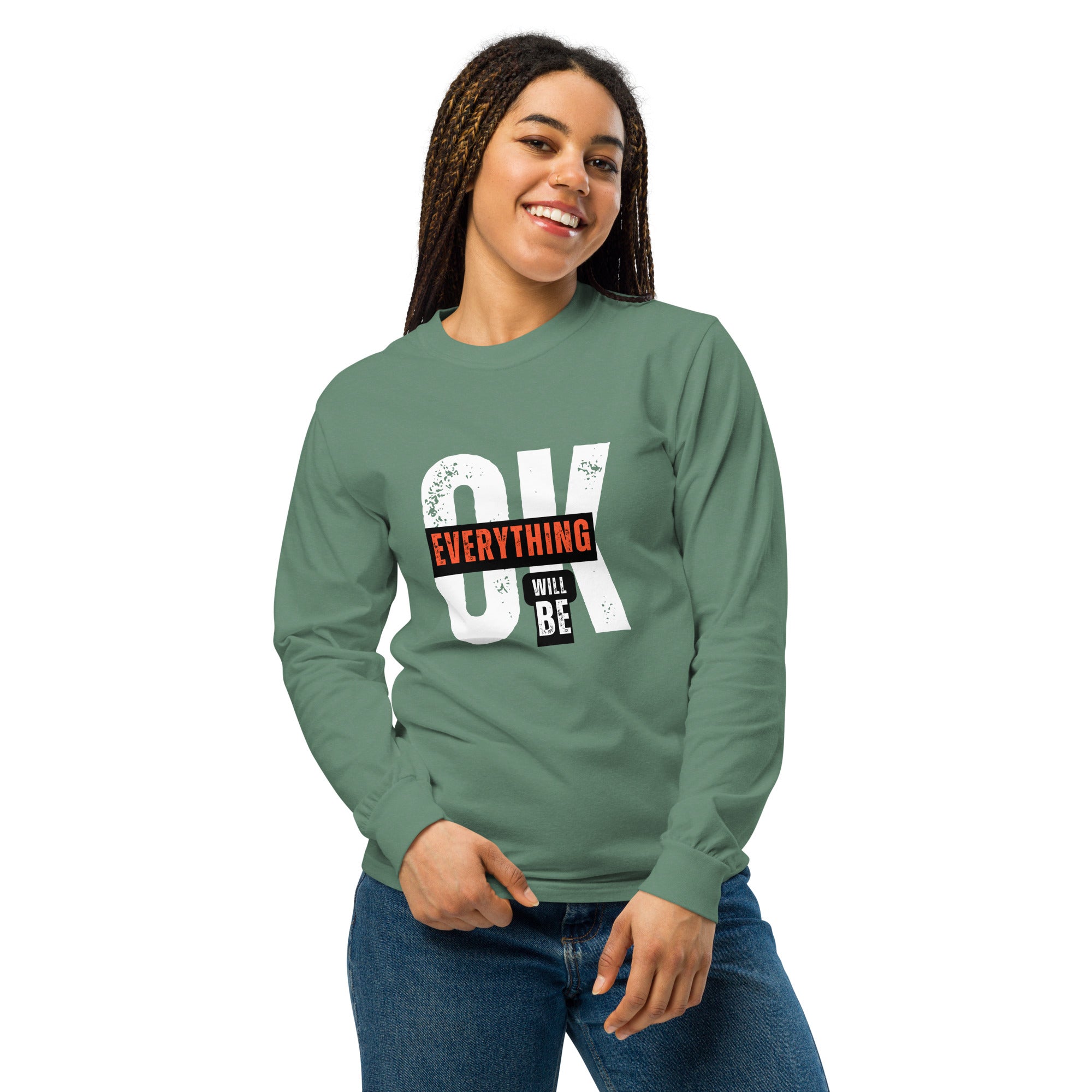 Unisex Garment-dyed heavyweight long-sleeve shirt | Everything Will Be Ok long-sleeve shirt AwRans Clothing unisex-garment-dyed-heavyweight-long-sleeve-shirt-light-green-front-67eab378e28ac
