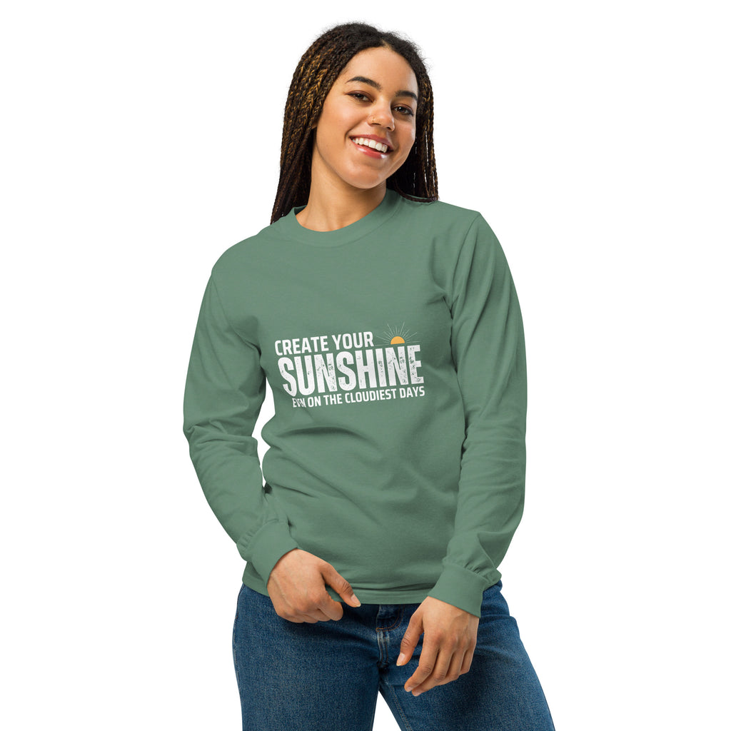Unisex Garment-dyed heavyweight long-sleeve shirt | Create Your Sunshine long-sleeve shirt AwRans Clothing unisex-garment-dyed-heavyweight-long-sleeve-shirt-light-green-front-67eab7737a397