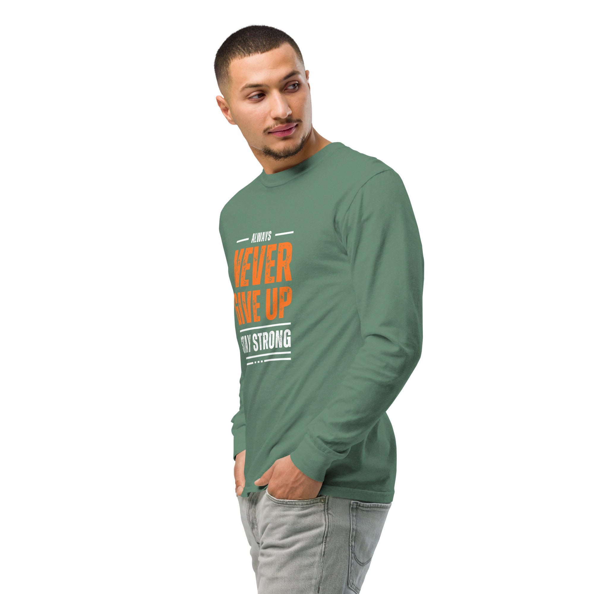 Unisex Garment-dyed heavyweight long-sleeve shirt | Always Never Give Up Stay Strong long-sleeve shirt AwRans Clothing unisex-garment-dyed-heavyweight-long-sleeve-shirt-light-green-left-front-2-67eab0a3d08f8