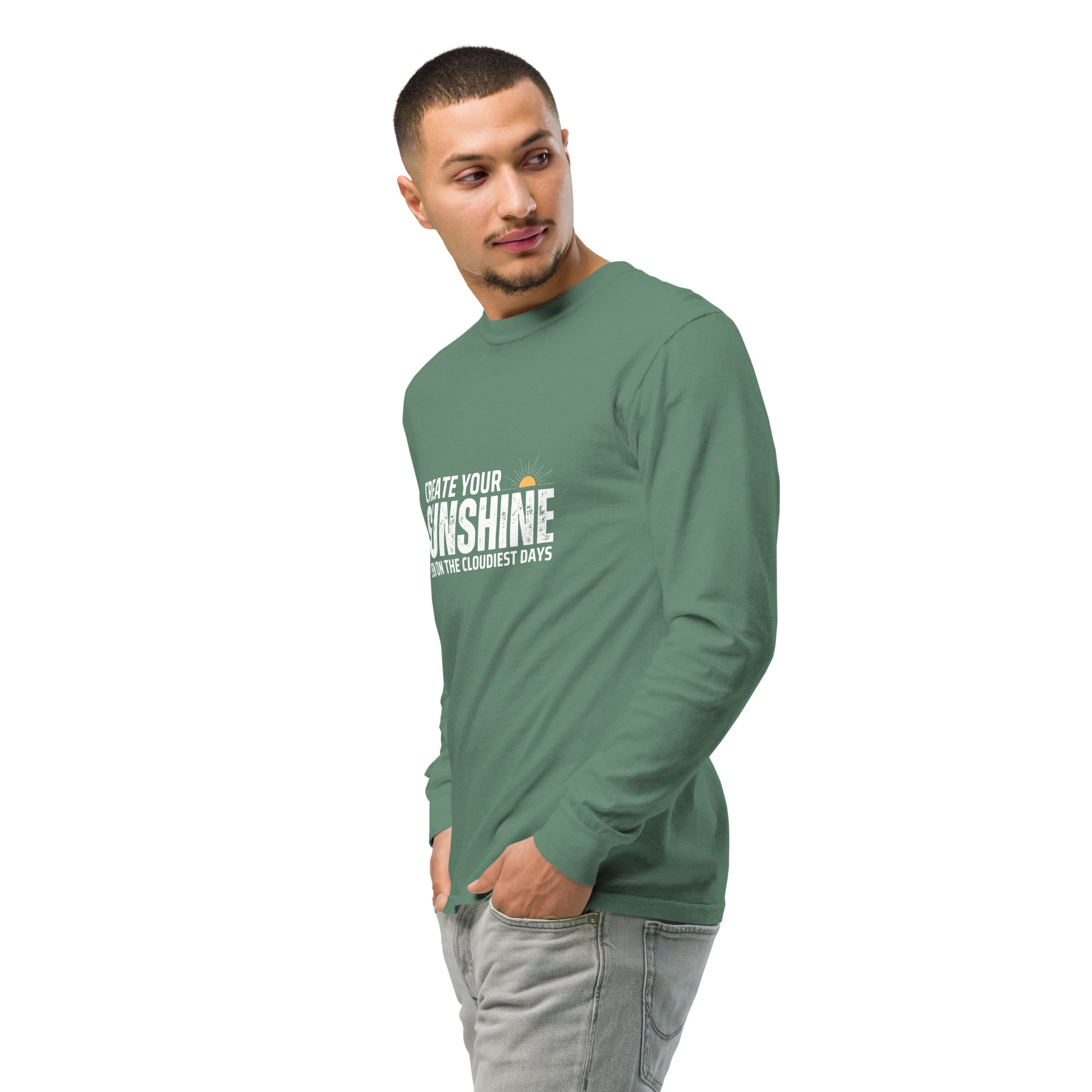 Unisex Garment-dyed heavyweight long-sleeve shirt | Create Your Sunshine long-sleeve shirt AwRans Clothing unisex-garment-dyed-heavyweight-long-sleeve-shirt-light-green-left-front-2-67eab7736ff96