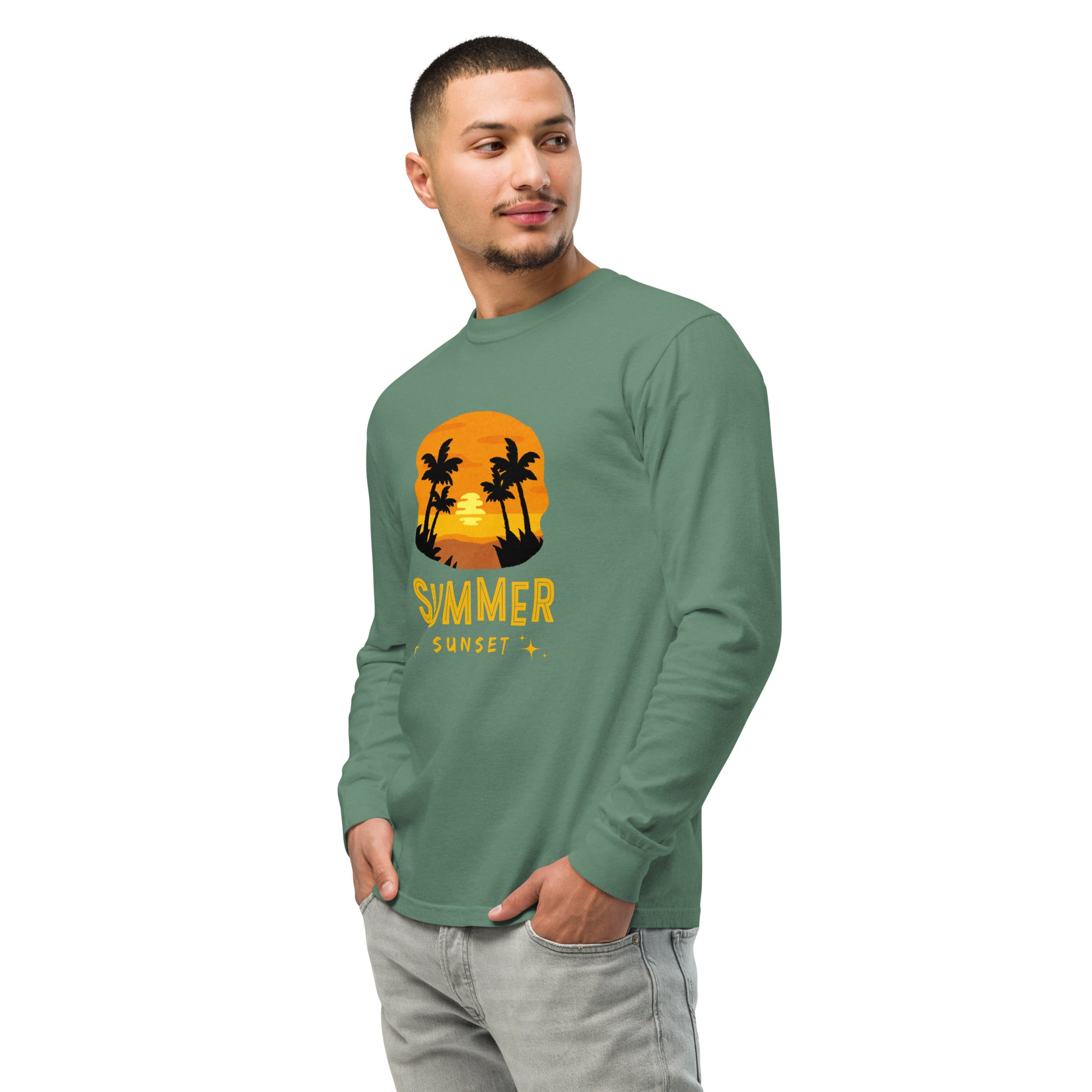 Unisex Garment-dyed heavyweight long-sleeve shirt | Summer Sunset long-sleeve shirt AwRans Clothing unisex-garment-dyed-heavyweight-long-sleeve-shirt-light-green-left-front-67eaae923ba37