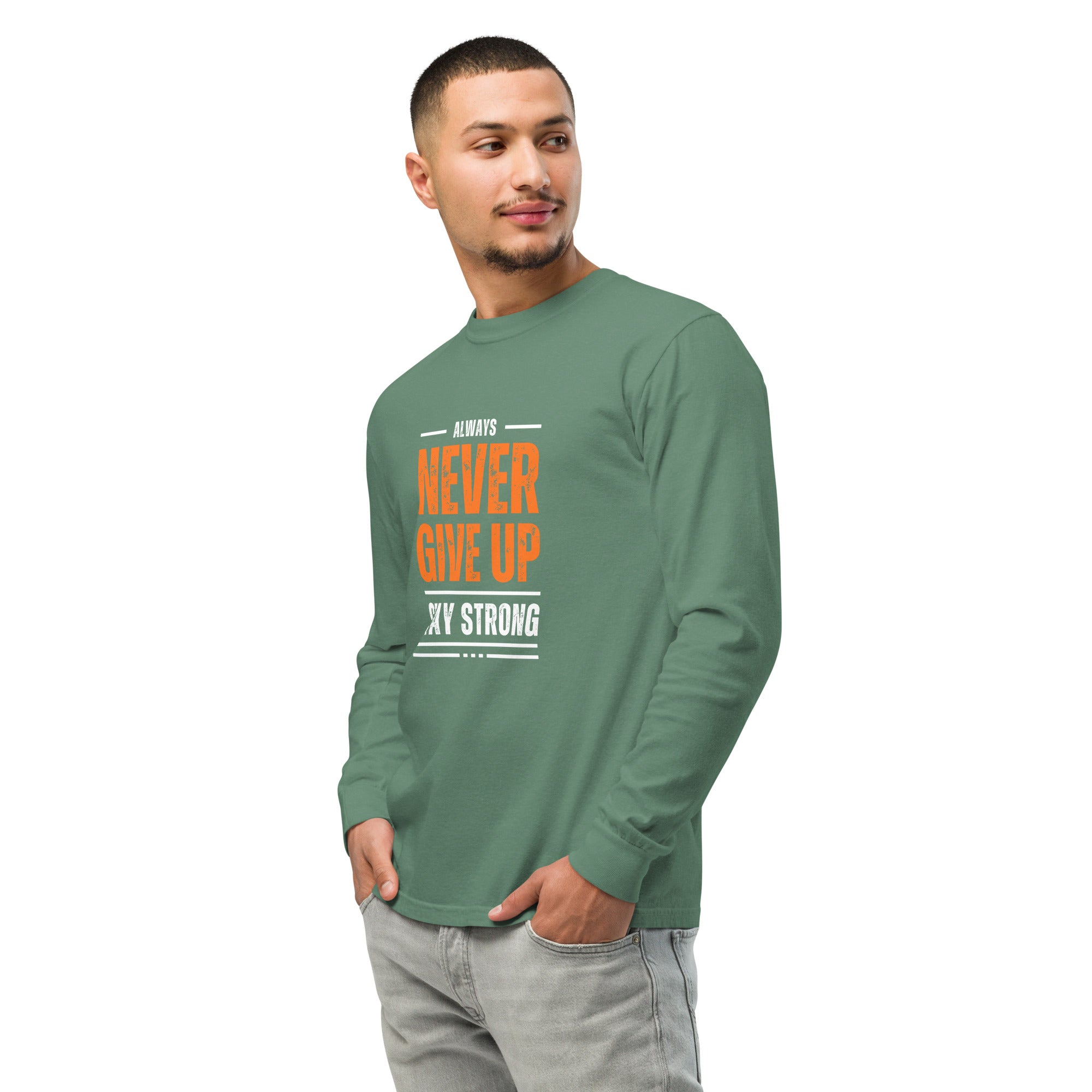 Unisex Garment-dyed heavyweight long-sleeve shirt | Always Never Give Up Stay Strong long-sleeve shirt AwRans Clothing unisex-garment-dyed-heavyweight-long-sleeve-shirt-light-green-left-front-67eab0a3db9ff