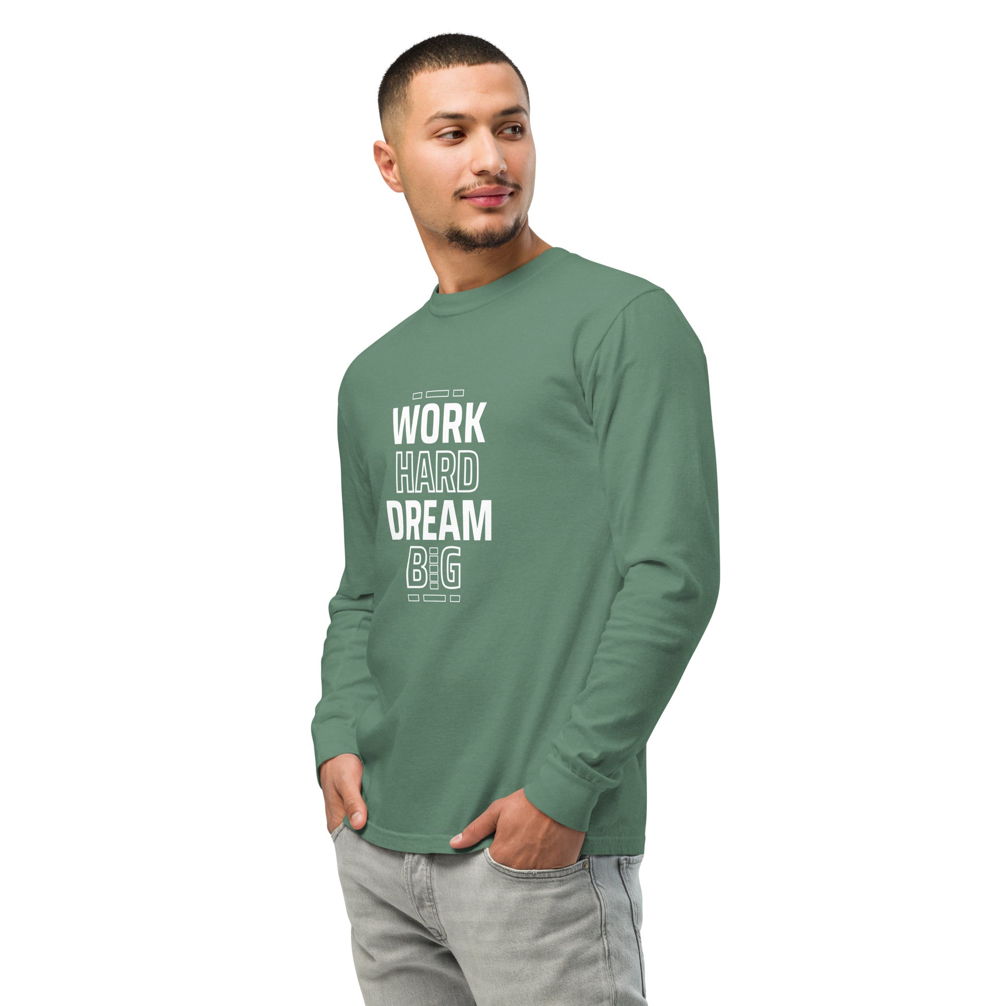 Unisex Garment-dyed heavyweight long-sleeve shirt | Work Hard , Dream Big long-sleeve shirt AwRans Clothing unisex-garment-dyed-heavyweight-long-sleeve-shirt-light-green-left-front-67eab157beb0a