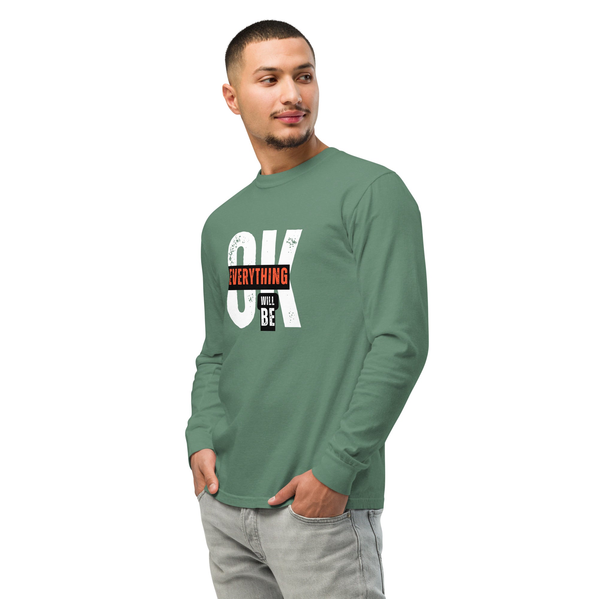 Unisex Garment-dyed heavyweight long-sleeve shirt | Everything Will Be Ok long-sleeve shirt AwRans Clothing unisex-garment-dyed-heavyweight-long-sleeve-shirt-light-green-left-front-67eab378e4183