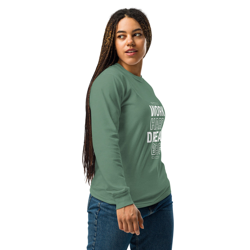 Unisex Garment-dyed heavyweight long-sleeve shirt | Work Hard , Dream Big long-sleeve shirt AwRans Clothing unisex-garment-dyed-heavyweight-long-sleeve-shirt-light-green-right-67eab157bdfb8