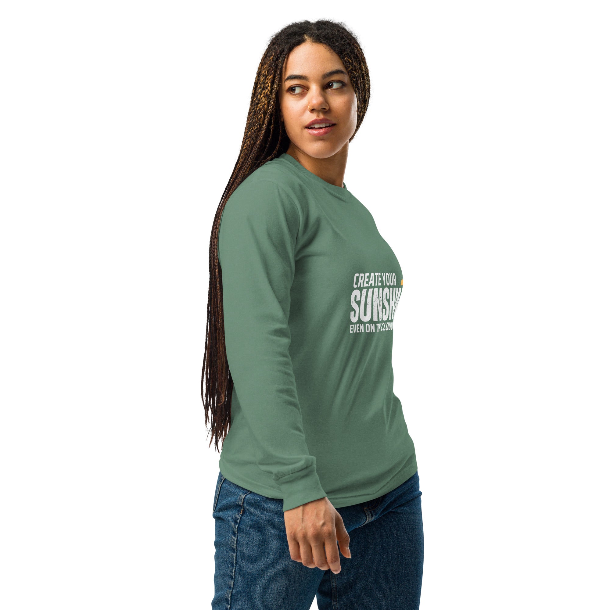 Unisex Garment-dyed heavyweight long-sleeve shirt | Create Your Sunshine long-sleeve shirt AwRans Clothing unisex-garment-dyed-heavyweight-long-sleeve-shirt-light-green-right-67eab77381473
