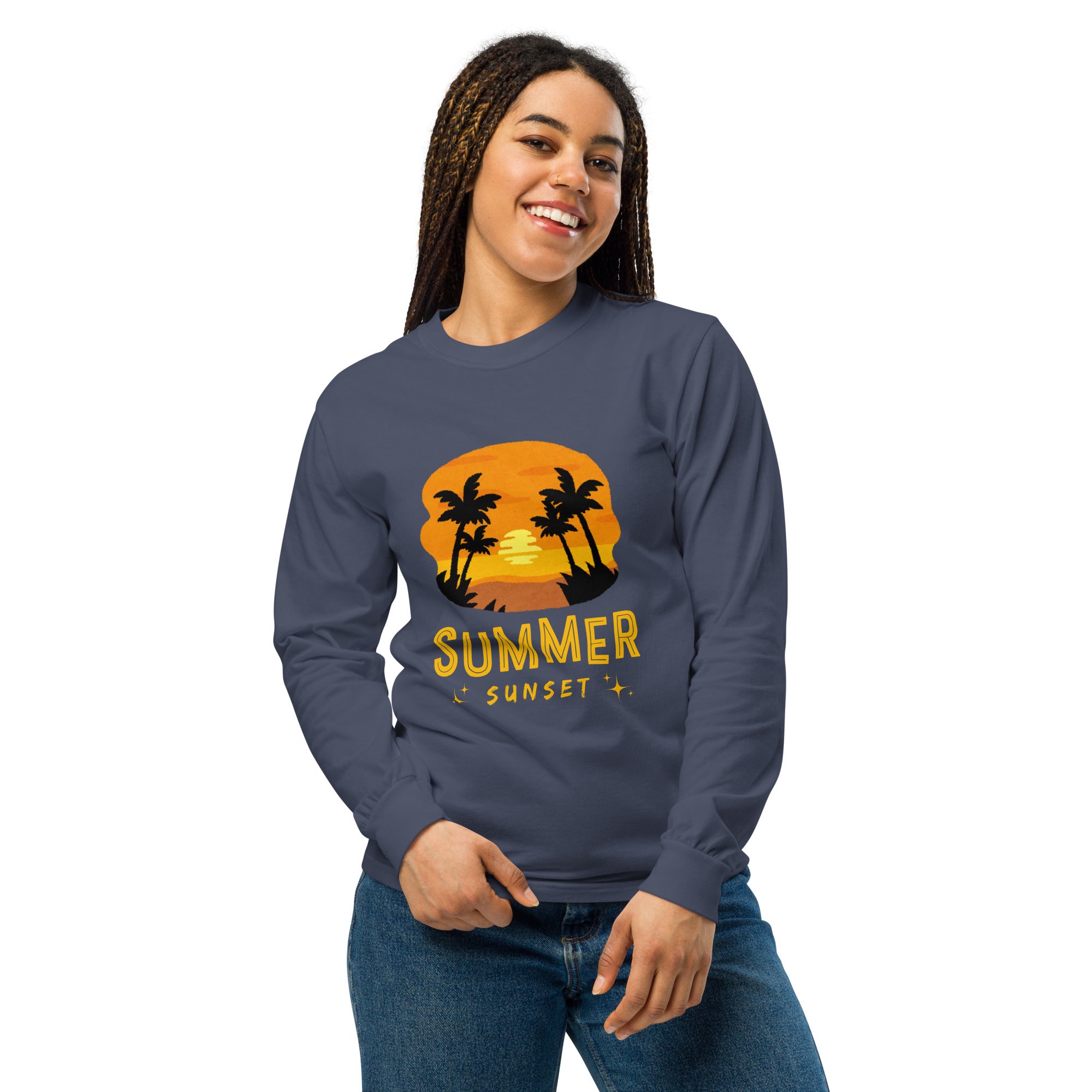 Unisex Garment-dyed heavyweight long-sleeve shirt | Summer Sunset long-sleeve shirt AwRans Clothing unisex-garment-dyed-heavyweight-long-sleeve-shirt-navy-front-67eaae9224f9c