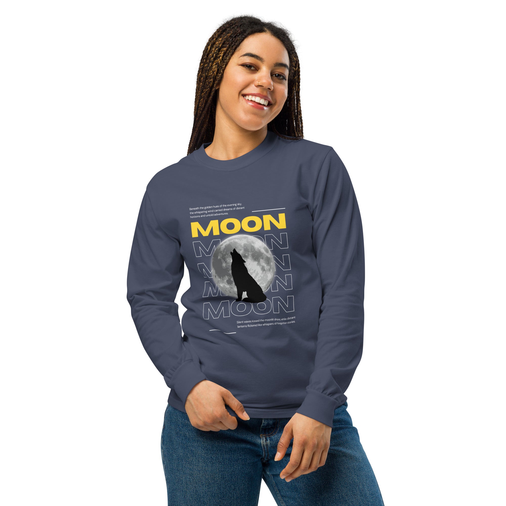 Unisex Garment-dyed heavyweight long-sleeve shirt | Moon long-sleeve shirt AwRans Clothing unisex-garment-dyed-heavyweight-long-sleeve-shirt-navy-front-67eaaf4121ccd