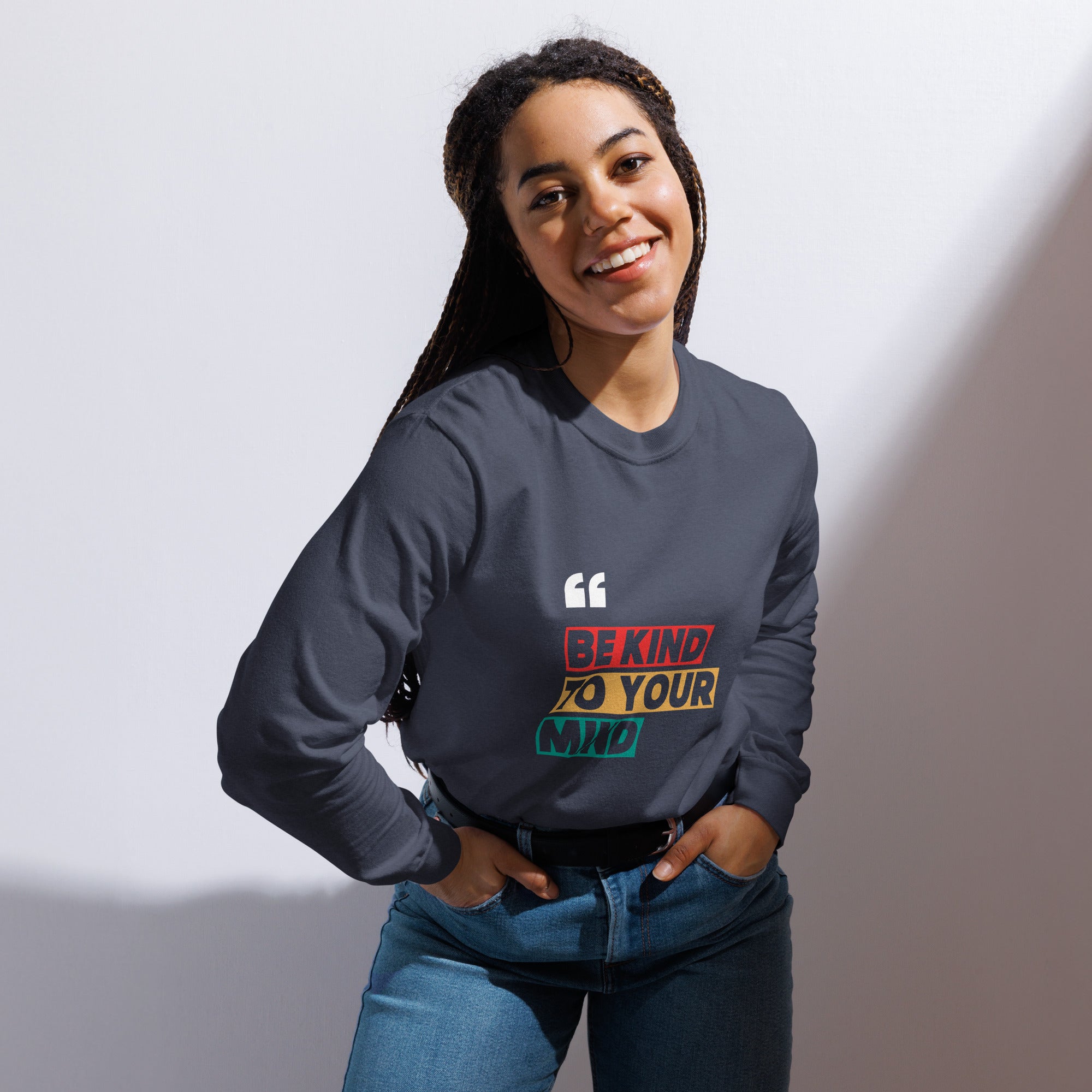 Unisex Garment-dyed heavyweight long-sleeve shirt | Be Kind To Your Mind long-sleeve shirt AwRans Clothing unisex-garment-dyed-heavyweight-long-sleeve-shirt-navy-front-67eaaff16a362