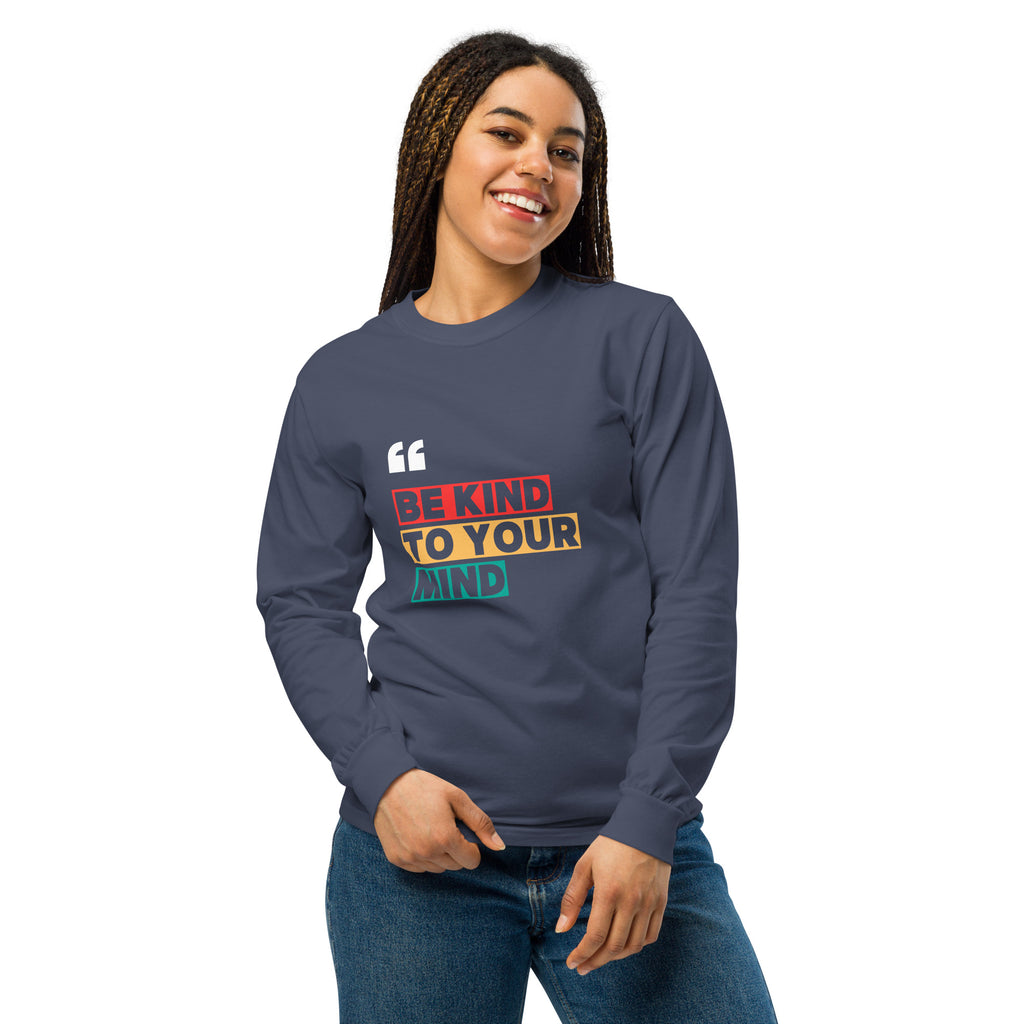 Unisex Garment-dyed heavyweight long-sleeve shirt | Be Kind To Your Mind long-sleeve shirt AwRans Clothing unisex-garment-dyed-heavyweight-long-sleeve-shirt-navy-front-67eaaff16c2a6