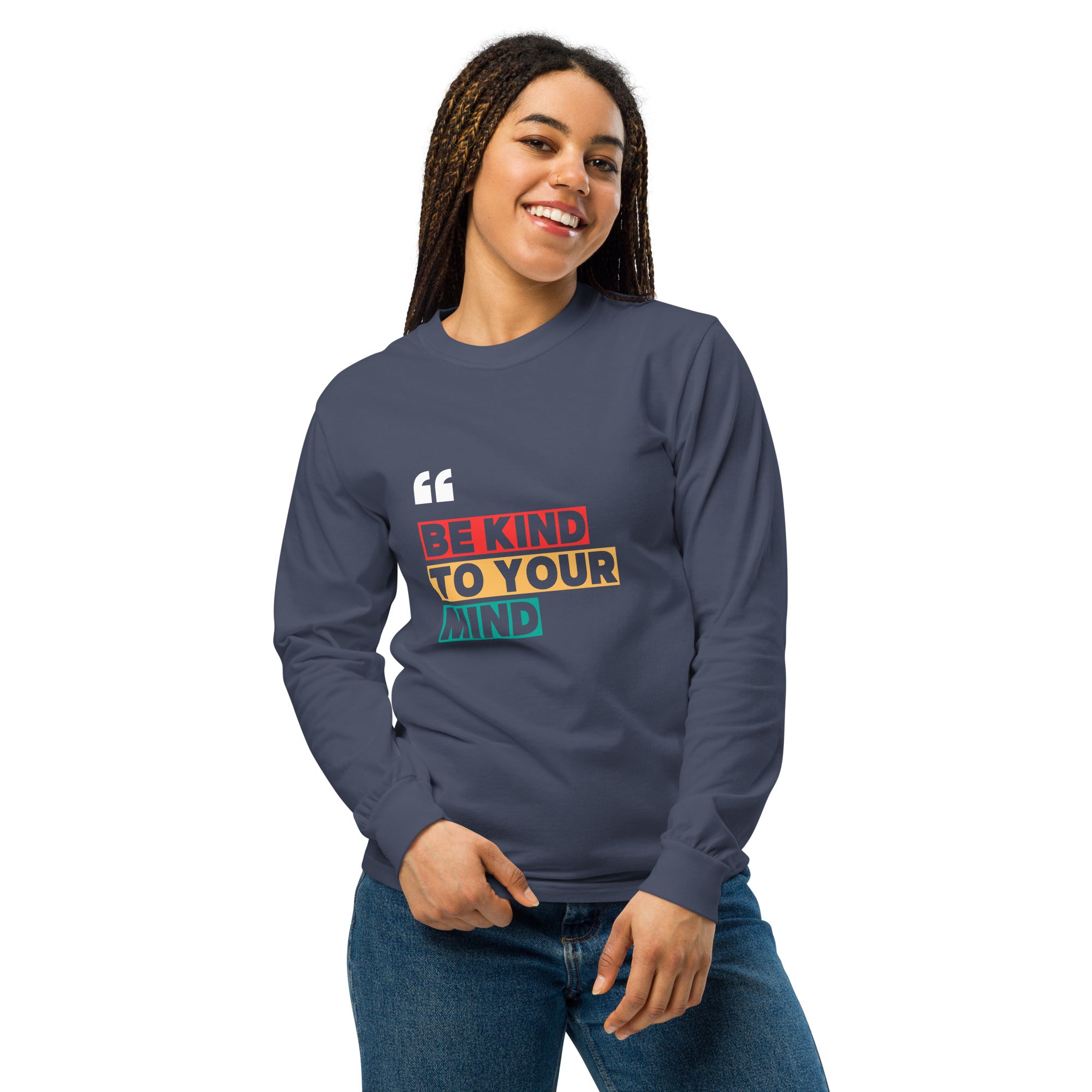 Unisex Garment-dyed heavyweight long-sleeve shirt | Be Kind To Your Mind long-sleeve shirt AwRans Clothing unisex-garment-dyed-heavyweight-long-sleeve-shirt-navy-front-67eaaff16c2a6