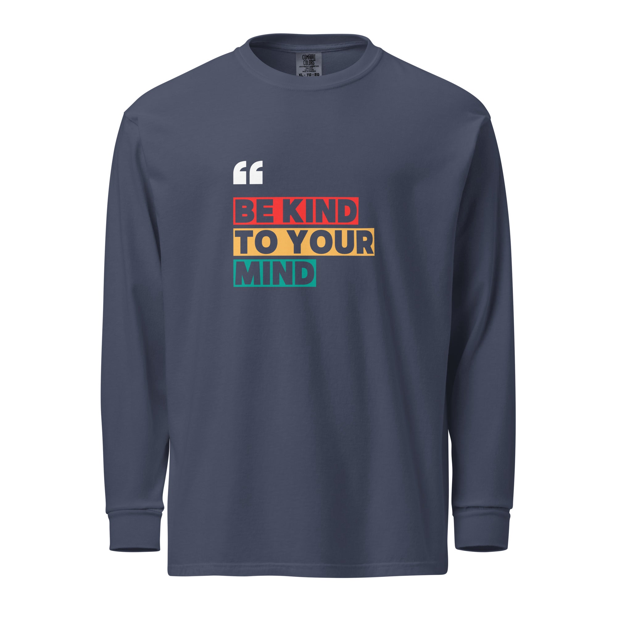 Unisex Garment-dyed heavyweight long-sleeve shirt | Be Kind To Your Mind long-sleeve shirt AwRans Clothing unisex-garment-dyed-heavyweight-long-sleeve-shirt-navy-front-67eaaff16d16a