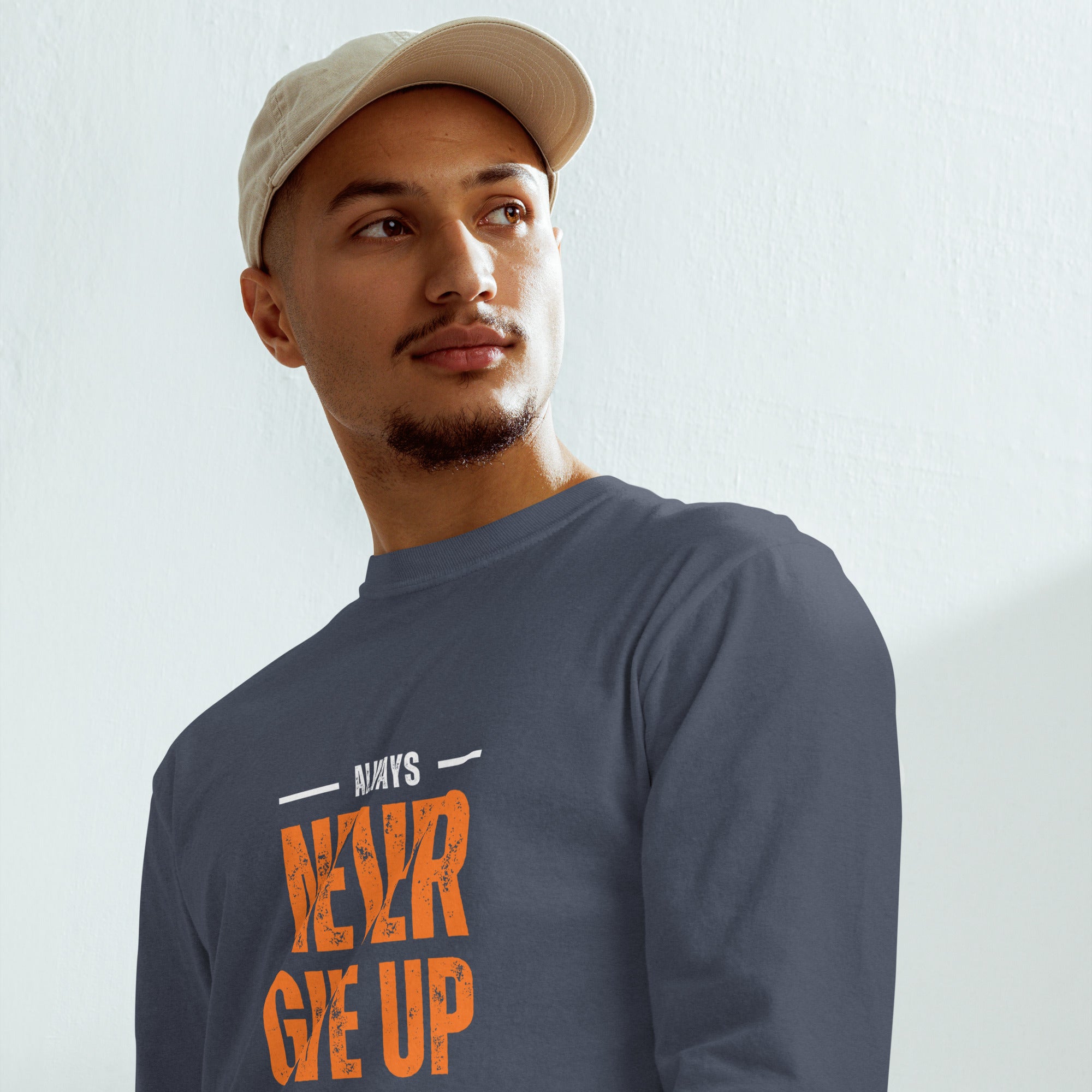 Unisex Garment-dyed heavyweight long-sleeve shirt | Always Never Give Up Stay Strong long-sleeve shirt AwRans Clothing unisex-garment-dyed-heavyweight-long-sleeve-shirt-navy-front-67eab0a3c2136