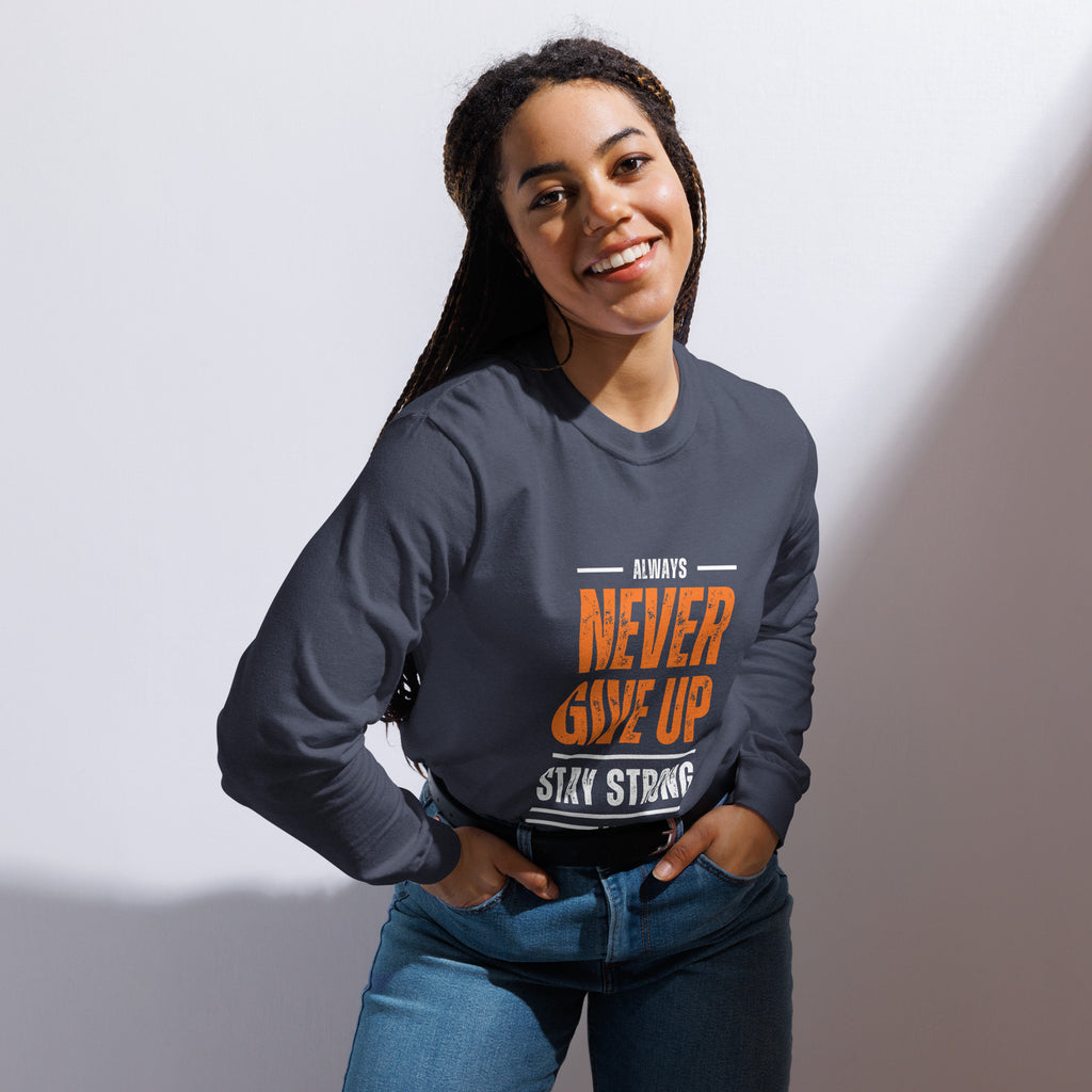 Unisex Garment-dyed heavyweight long-sleeve shirt | Always Never Give Up Stay Strong long-sleeve shirt AwRans Clothing unisex-garment-dyed-heavyweight-long-sleeve-shirt-navy-front-67eab0a3c2938