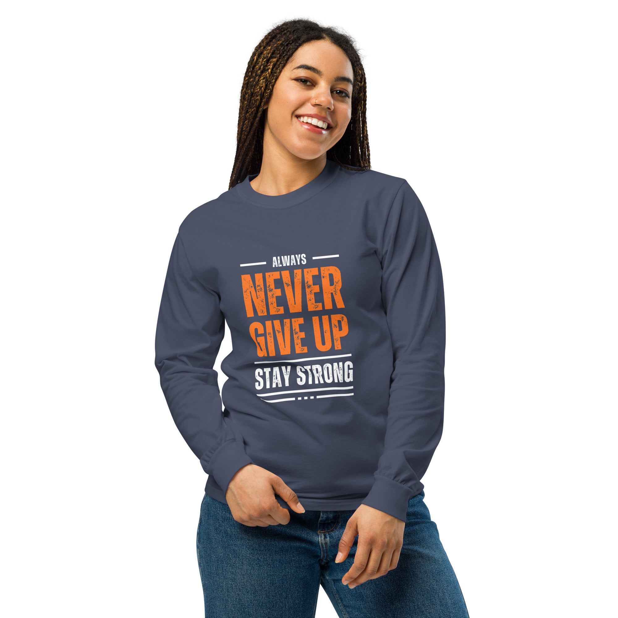 Unisex Garment-dyed heavyweight long-sleeve shirt | Always Never Give Up Stay Strong long-sleeve shirt AwRans Clothing unisex-garment-dyed-heavyweight-long-sleeve-shirt-navy-front-67eab0a3c4ca2