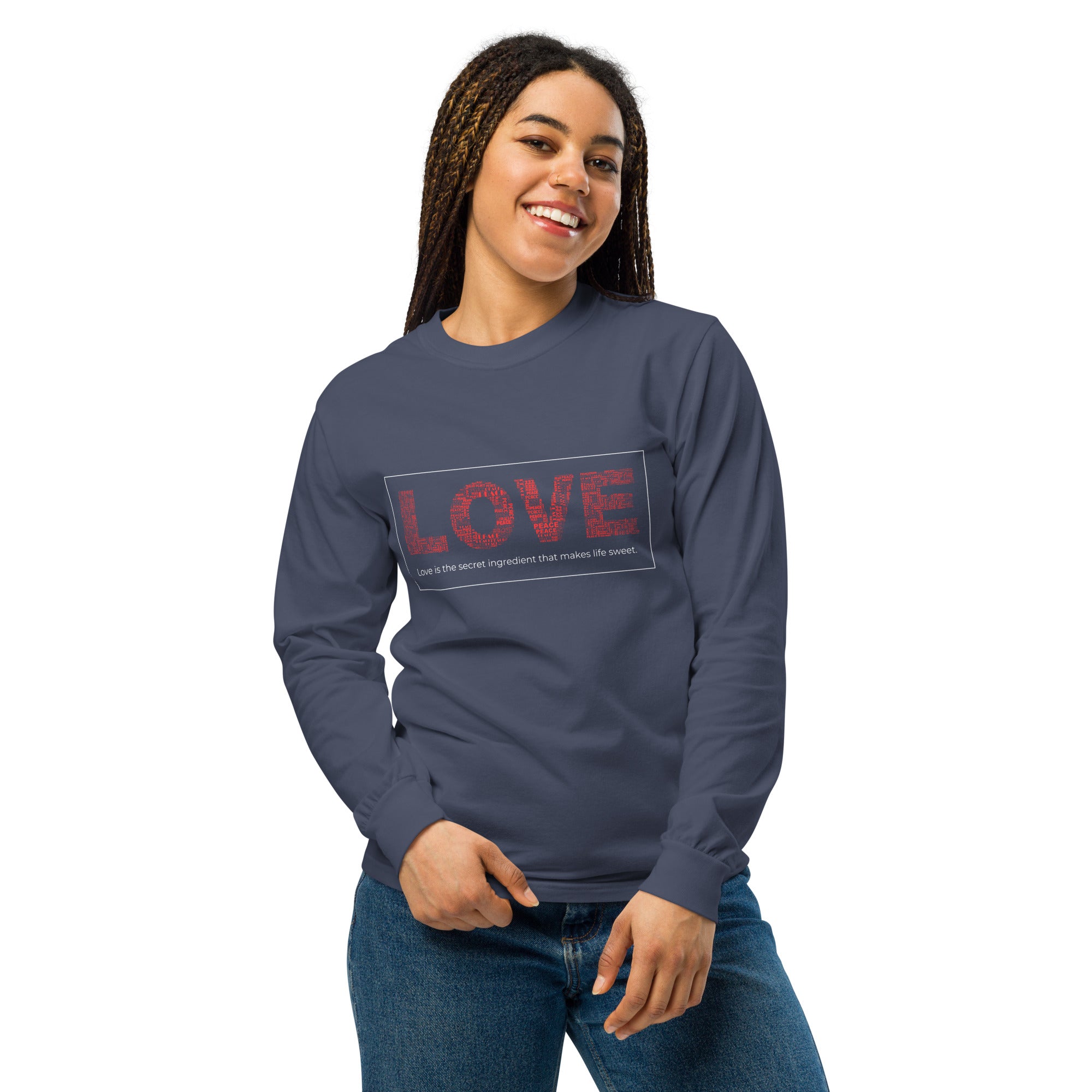 Unisex Garment-dyed heavyweight long-sleeve shirt | Love long-sleeve shirt AwRans Clothing unisex-garment-dyed-heavyweight-long-sleeve-shirt-navy-front-67eab20c811b0