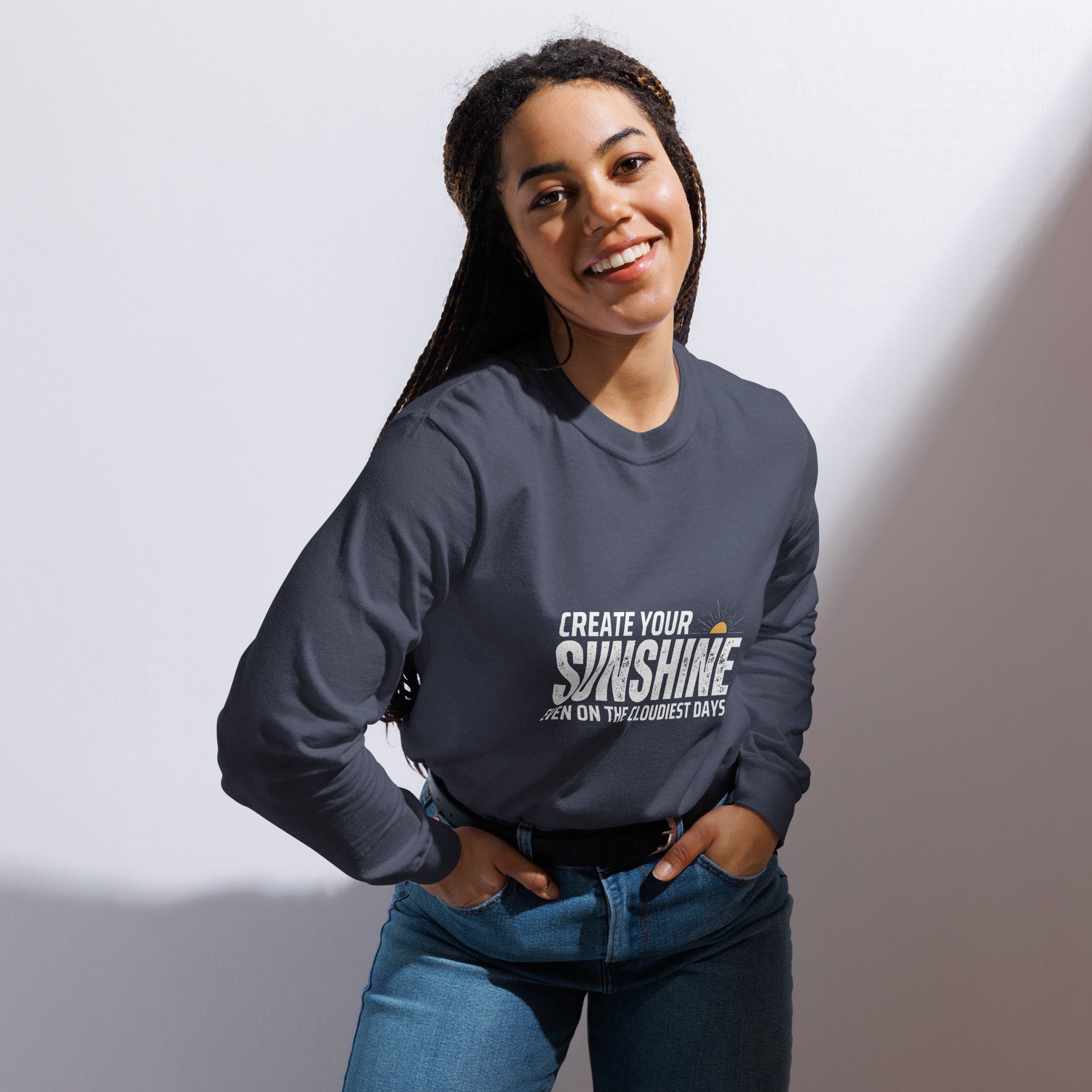 Unisex Garment-dyed heavyweight long-sleeve shirt | Create Your Sunshine long-sleeve shirt AwRans Clothing unisex-garment-dyed-heavyweight-long-sleeve-shirt-navy-front-67eab773643c1