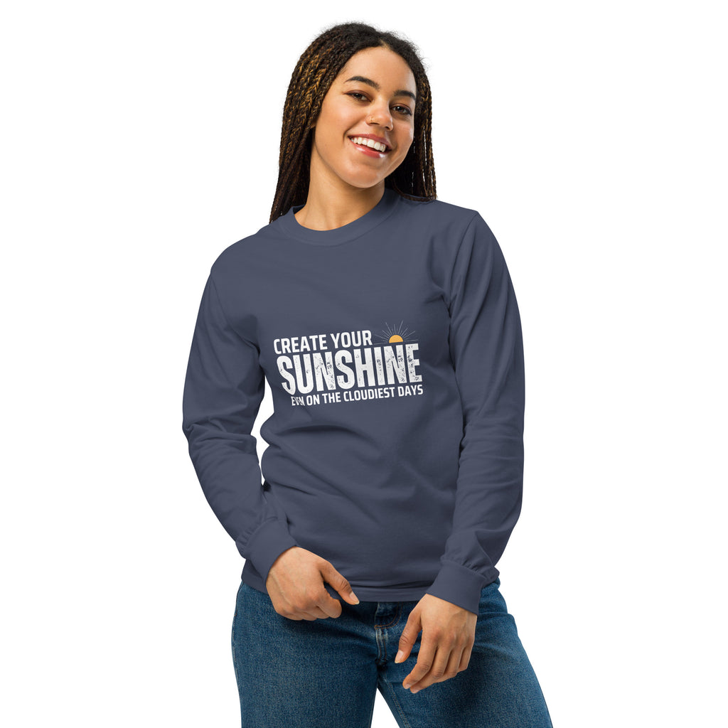 Unisex Garment-dyed heavyweight long-sleeve shirt | Create Your Sunshine long-sleeve shirt AwRans Clothing unisex-garment-dyed-heavyweight-long-sleeve-shirt-navy-front-67eab77366cb1
