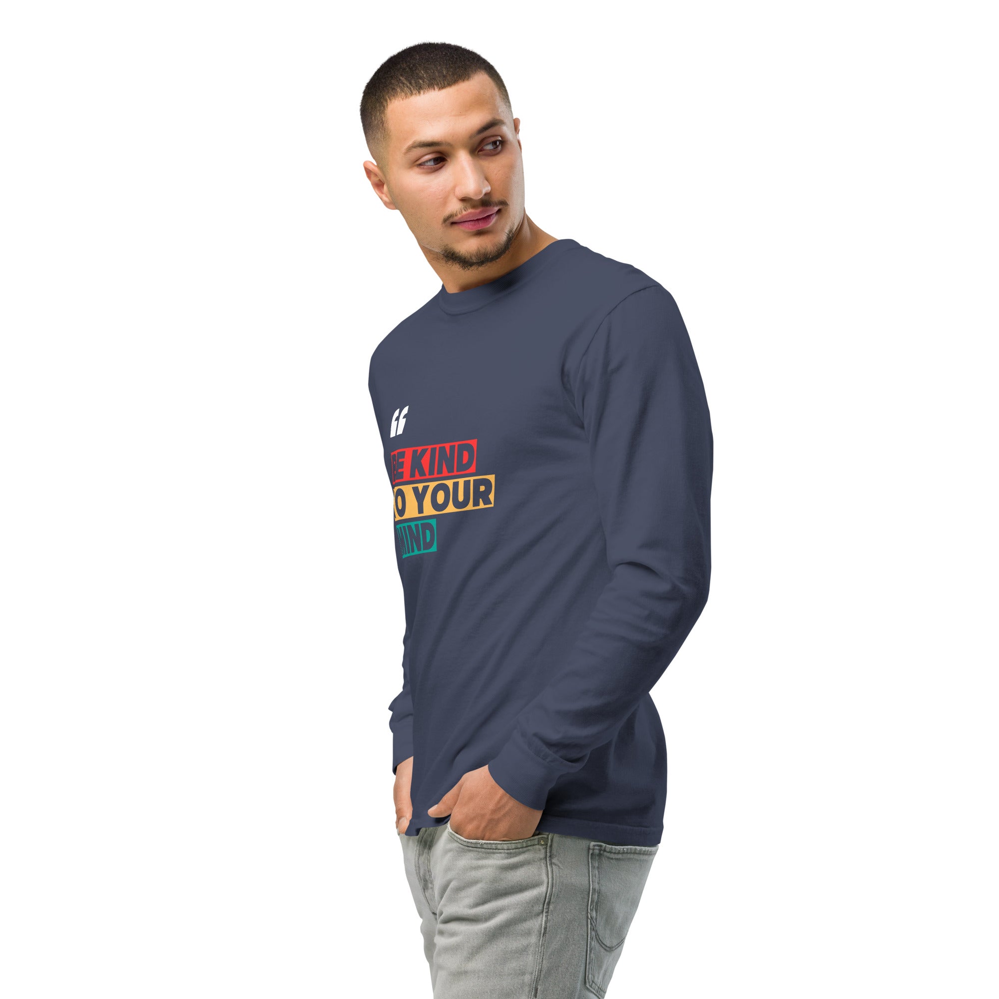 Unisex Garment-dyed heavyweight long-sleeve shirt | Be Kind To Your Mind long-sleeve shirt AwRans Clothing unisex-garment-dyed-heavyweight-long-sleeve-shirt-navy-left-front-2-67eaaff168d91