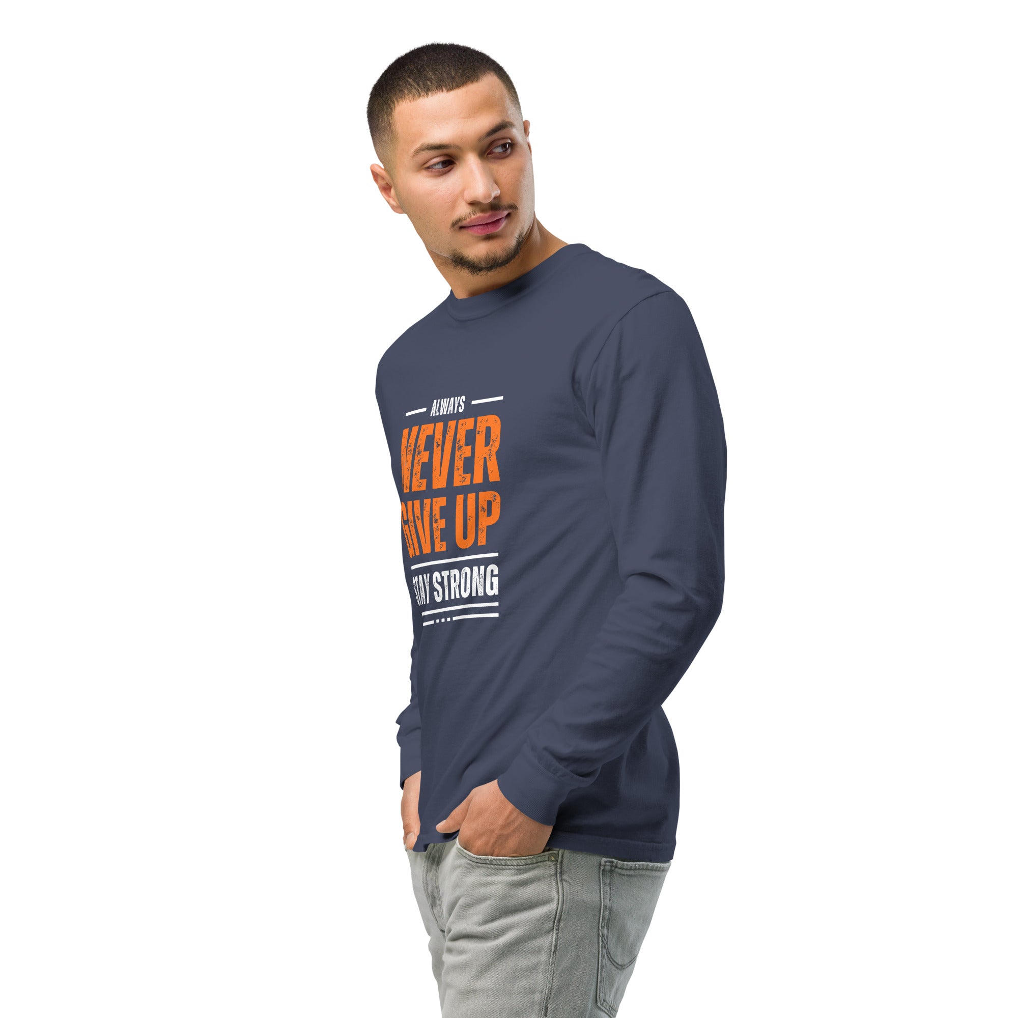 Unisex Garment-dyed heavyweight long-sleeve shirt | Always Never Give Up Stay Strong long-sleeve shirt AwRans Clothing unisex-garment-dyed-heavyweight-long-sleeve-shirt-navy-left-front-2-67eab0a3c0150