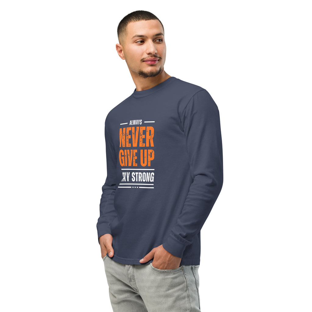 Unisex Garment-dyed heavyweight long-sleeve shirt | Always Never Give Up Stay Strong long-sleeve shirt AwRans Clothing unisex-garment-dyed-heavyweight-long-sleeve-shirt-navy-left-front-67eab0a3c59a0