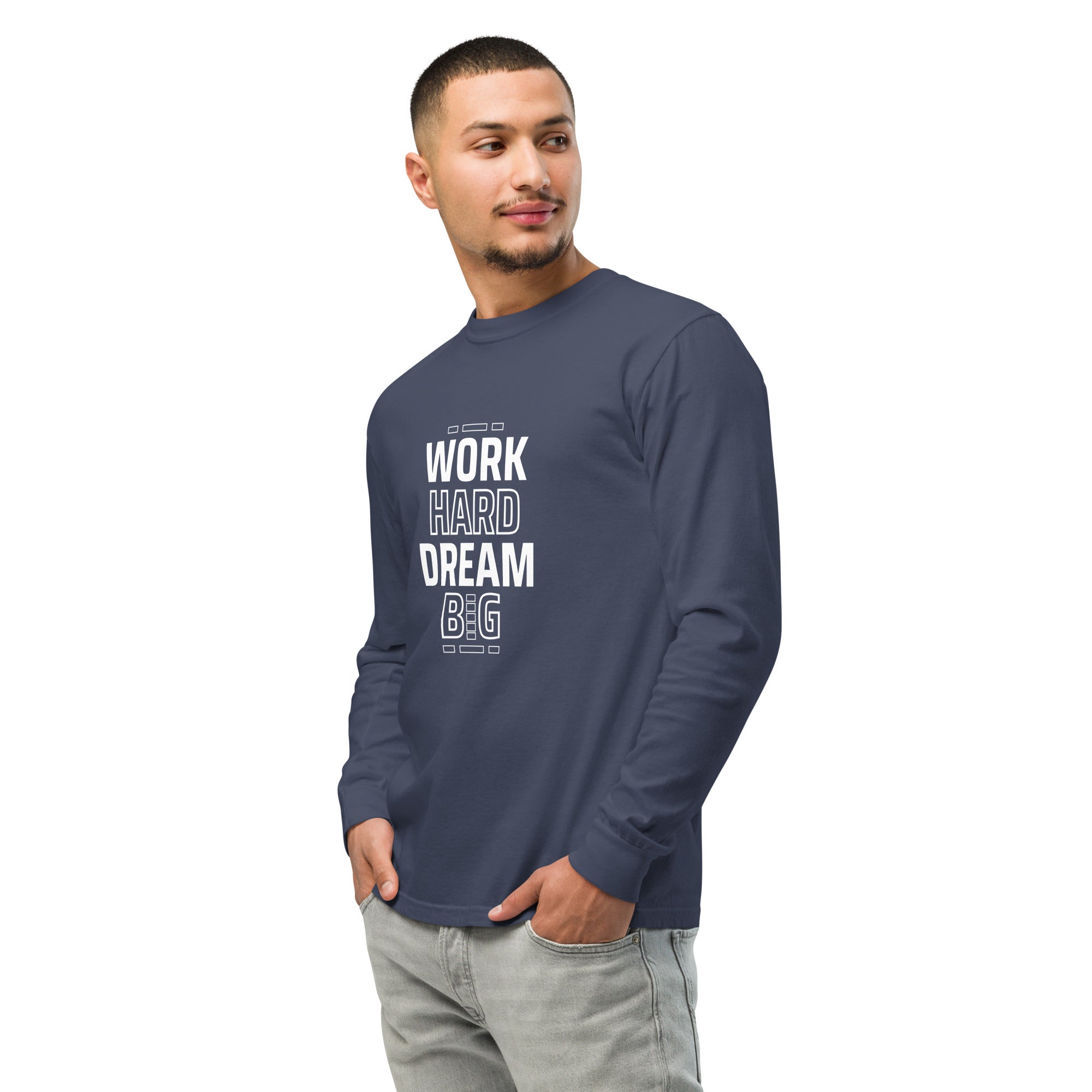 Unisex Garment-dyed heavyweight long-sleeve shirt | Work Hard , Dream Big long-sleeve shirt AwRans Clothing unisex-garment-dyed-heavyweight-long-sleeve-shirt-navy-left-front-67eab157adb27