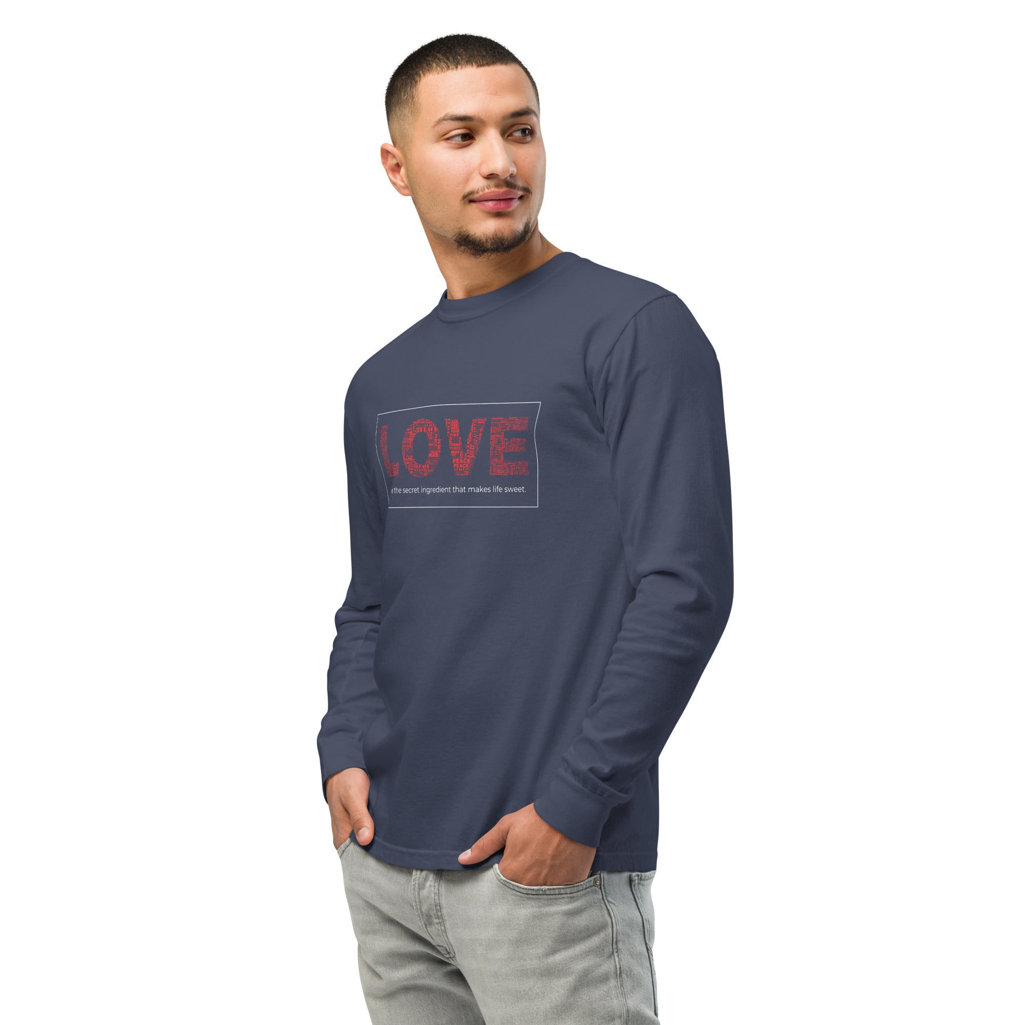 Unisex Garment-dyed heavyweight long-sleeve shirt | Love long-sleeve shirt AwRans Clothing unisex-garment-dyed-heavyweight-long-sleeve-shirt-navy-left-front-67eab20c821d4
