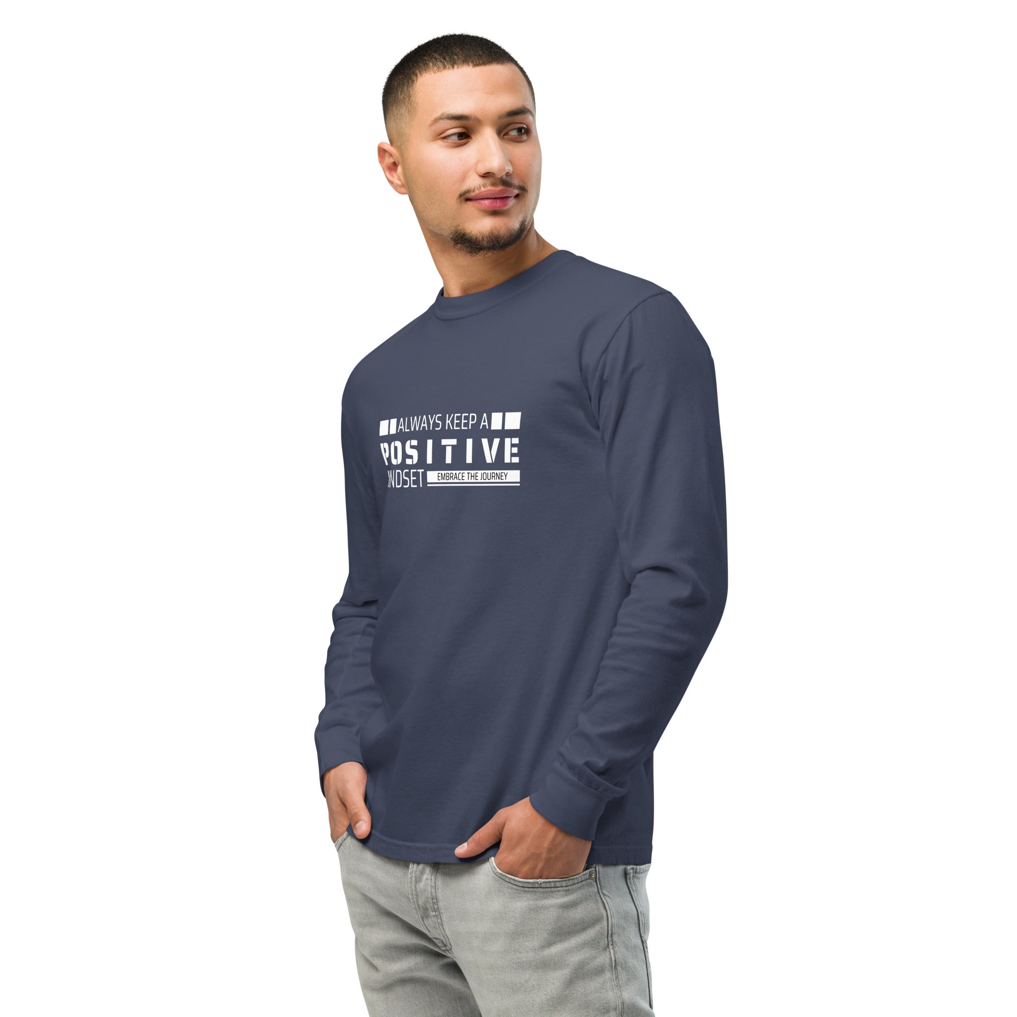 Unisex Garment-dyed heavyweight long-sleeve shirt | Always Keep A Positive Mindset long-sleeve shirt AwRans Clothing unisex-garment-dyed-heavyweight-long-sleeve-shirt-navy-left-front-67eab2c30cef3