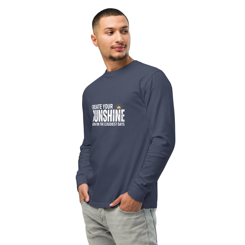 Unisex Garment-dyed heavyweight long-sleeve shirt | Create Your Sunshine long-sleeve shirt AwRans Clothing unisex-garment-dyed-heavyweight-long-sleeve-shirt-navy-left-front-67eab77365f82