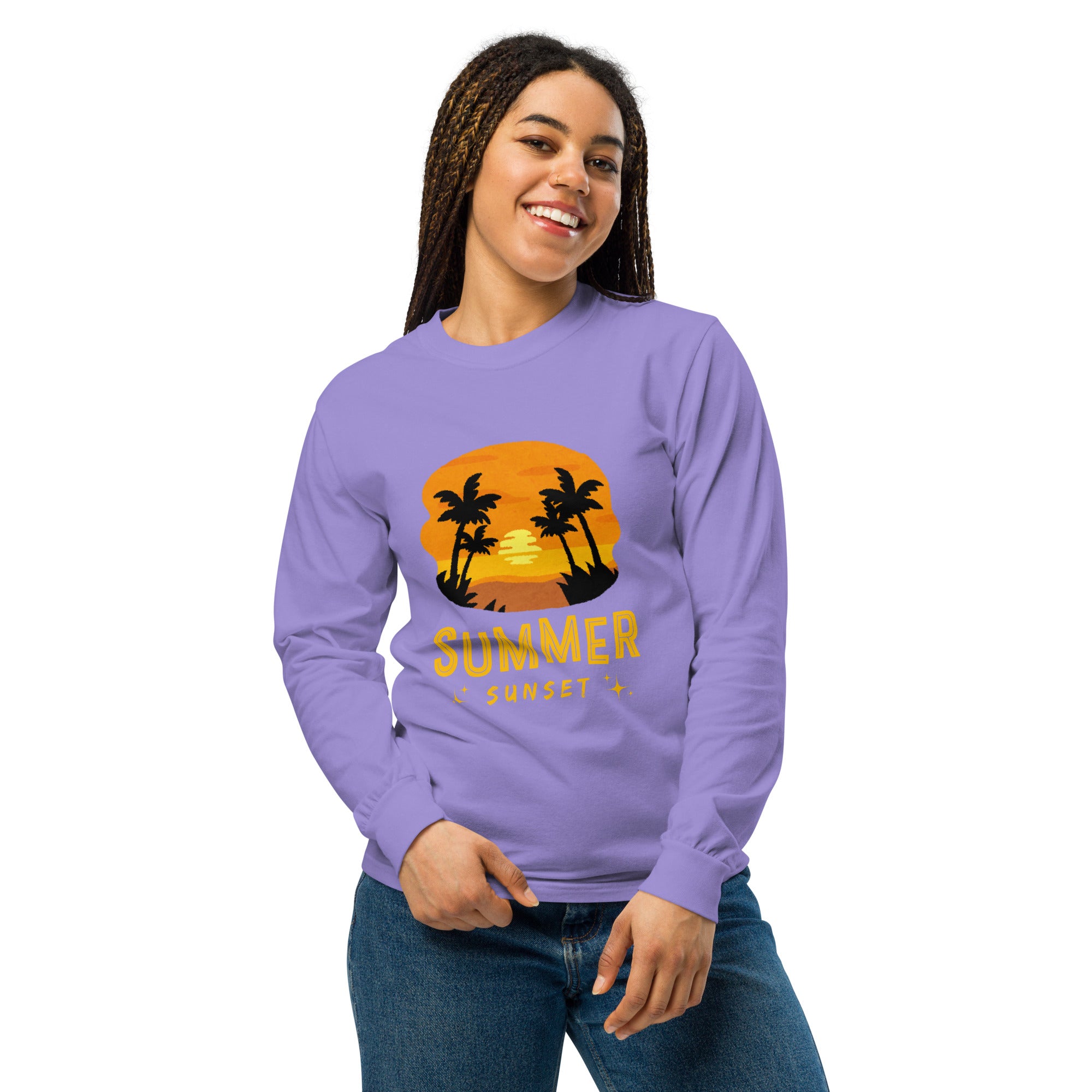 Unisex Garment-dyed heavyweight long-sleeve shirt | Summer Sunset long-sleeve shirt AwRans Clothing unisex-garment-dyed-heavyweight-long-sleeve-shirt-violet-front-67eaae9258dcd