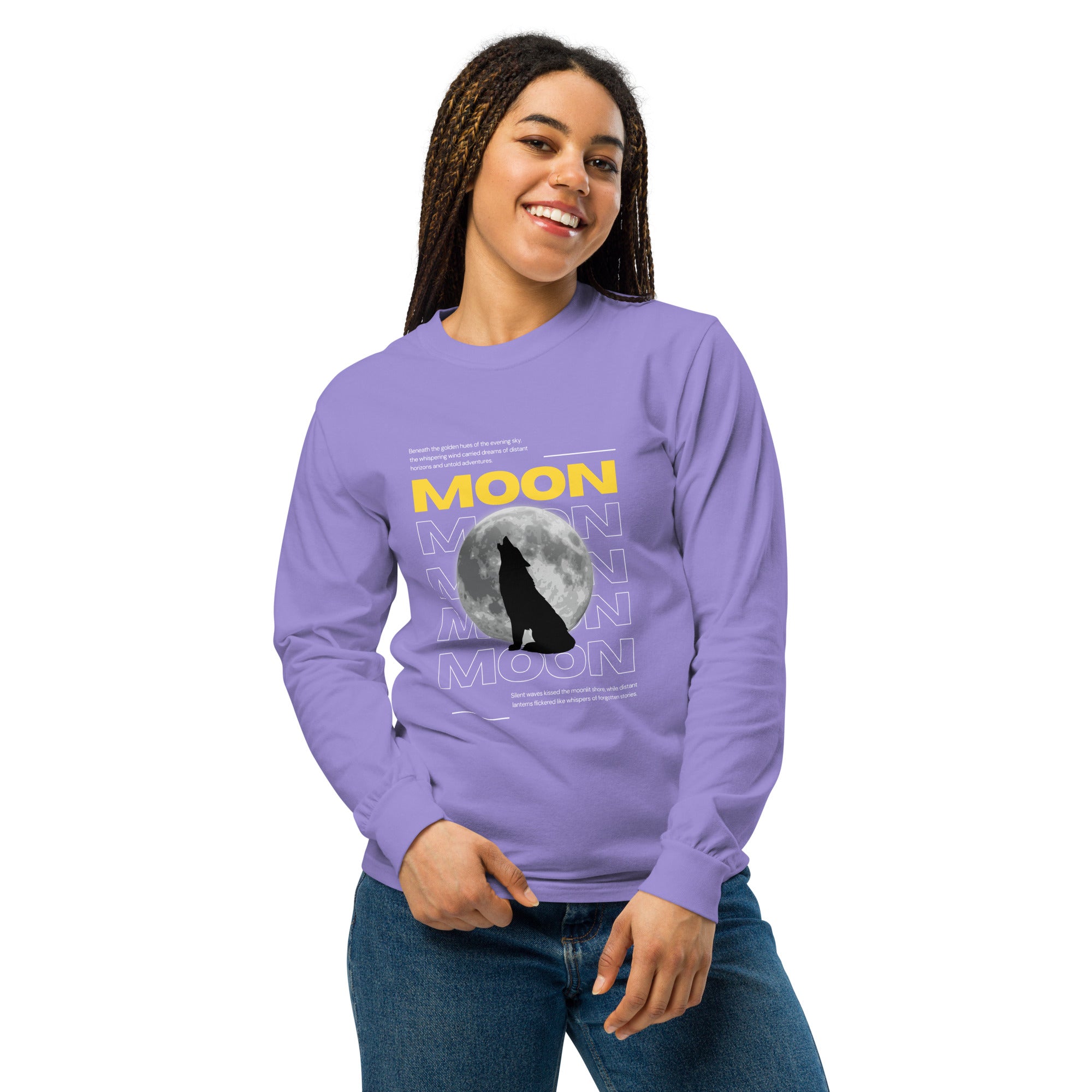Unisex Garment-dyed heavyweight long-sleeve shirt | Moon long-sleeve shirt AwRans Clothing unisex-garment-dyed-heavyweight-long-sleeve-shirt-violet-front-67eaaf4150bb4