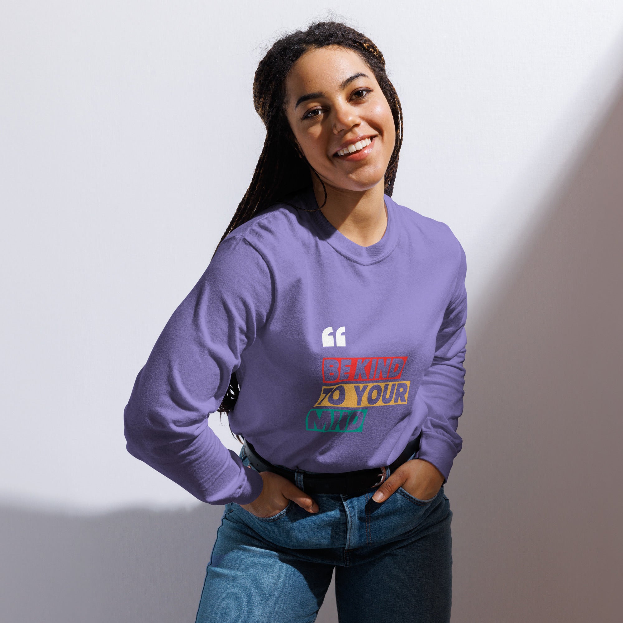 Unisex Garment-dyed heavyweight long-sleeve shirt | Be Kind To Your Mind long-sleeve shirt AwRans Clothing unisex-garment-dyed-heavyweight-long-sleeve-shirt-violet-front-67eaaff191a20