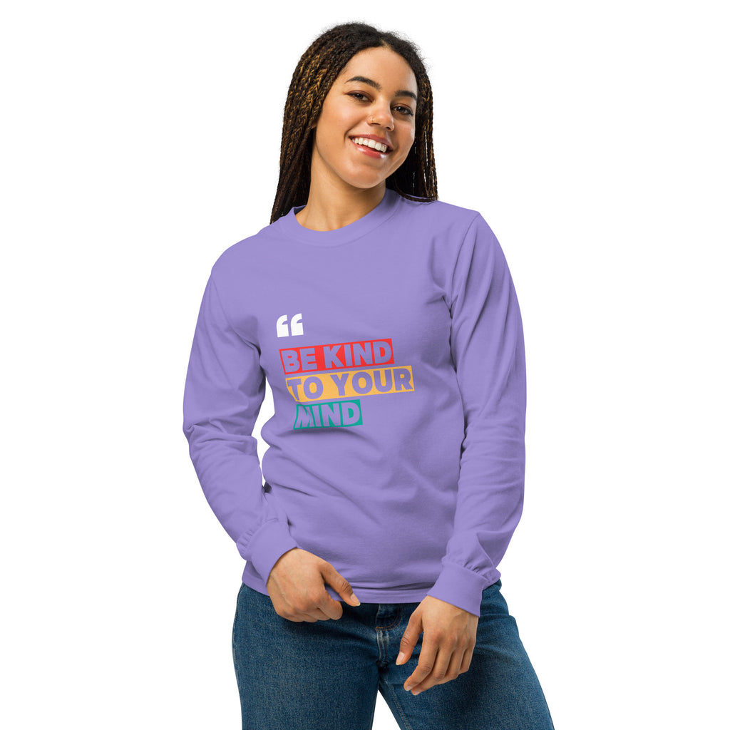Unisex Garment-dyed heavyweight long-sleeve shirt | Be Kind To Your Mind long-sleeve shirt AwRans Clothing unisex-garment-dyed-heavyweight-long-sleeve-shirt-violet-front-67eaaff198820