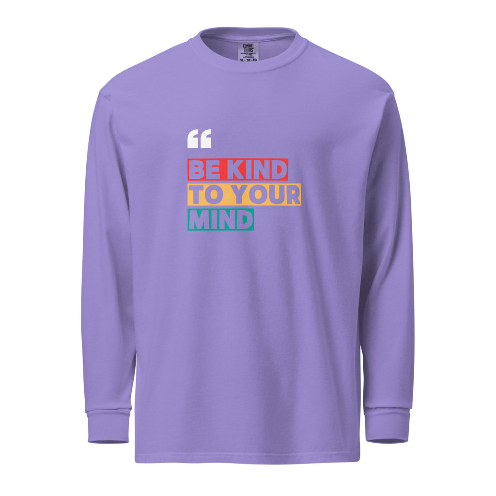 Unisex Garment-dyed heavyweight long-sleeve shirt | Be Kind To Your Mind long-sleeve shirt AwRans Clothing unisex-garment-dyed-heavyweight-long-sleeve-shirt-violet-front-67eaaff19c477