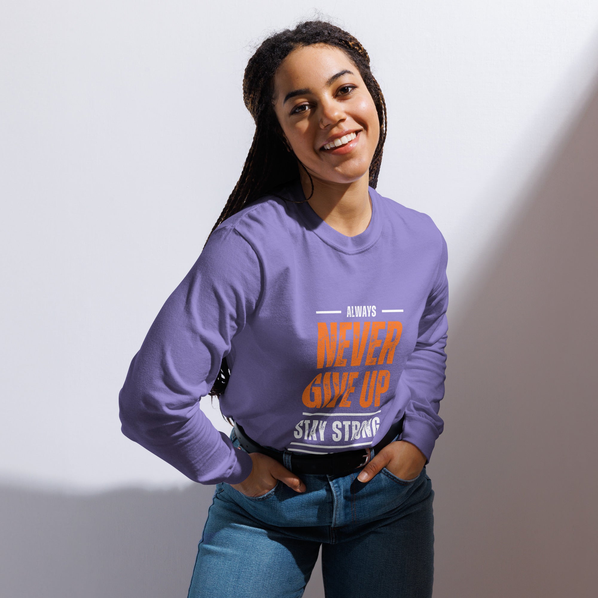 Unisex Garment-dyed heavyweight long-sleeve shirt | Always Never Give Up Stay Strong long-sleeve shirt AwRans Clothing unisex-garment-dyed-heavyweight-long-sleeve-shirt-violet-front-67eab0a3eeda4
